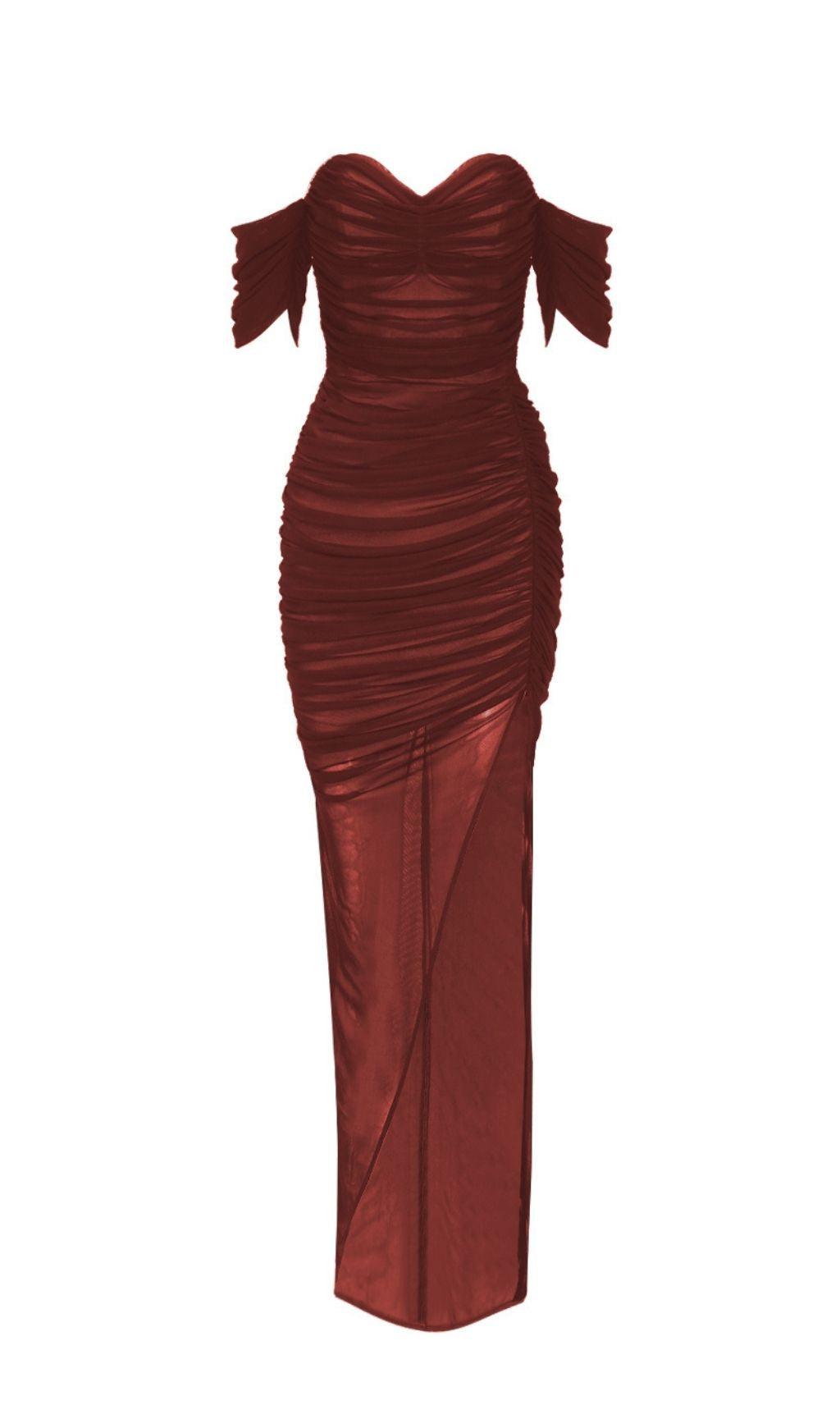 TRÄGERLOSES BANDAGE-MAXIKLEID MIT RÜSCHEN IN BRAUN