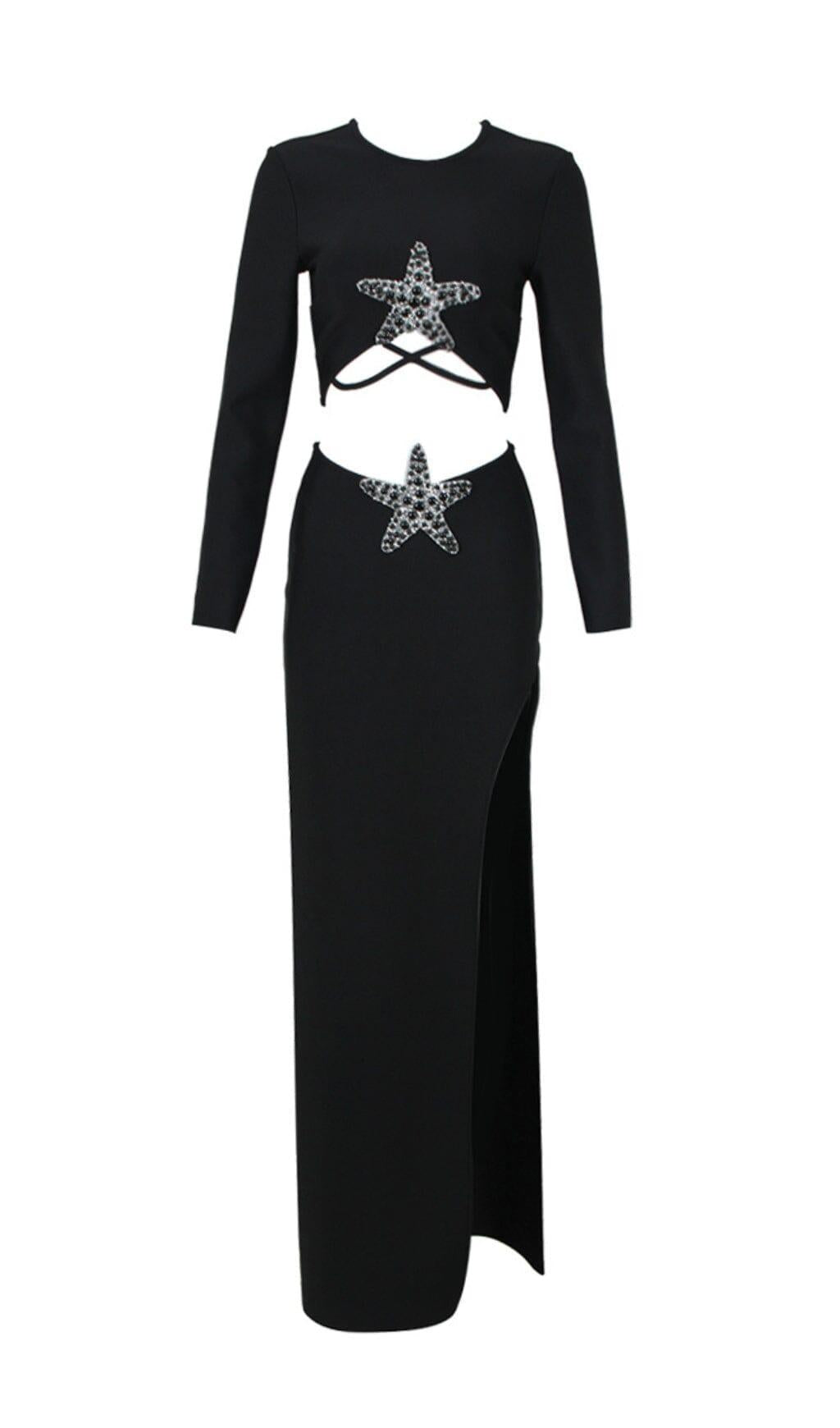 Schwarzer, mit Perlen besetzter, hoch taillierter, langärmliger Rock mit Seesternen und Rautenmuster