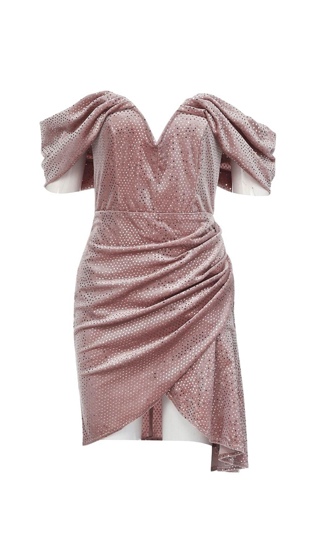 MINI ABITO SENZA SPALLINE IN VELLUTO ROSA A POIS