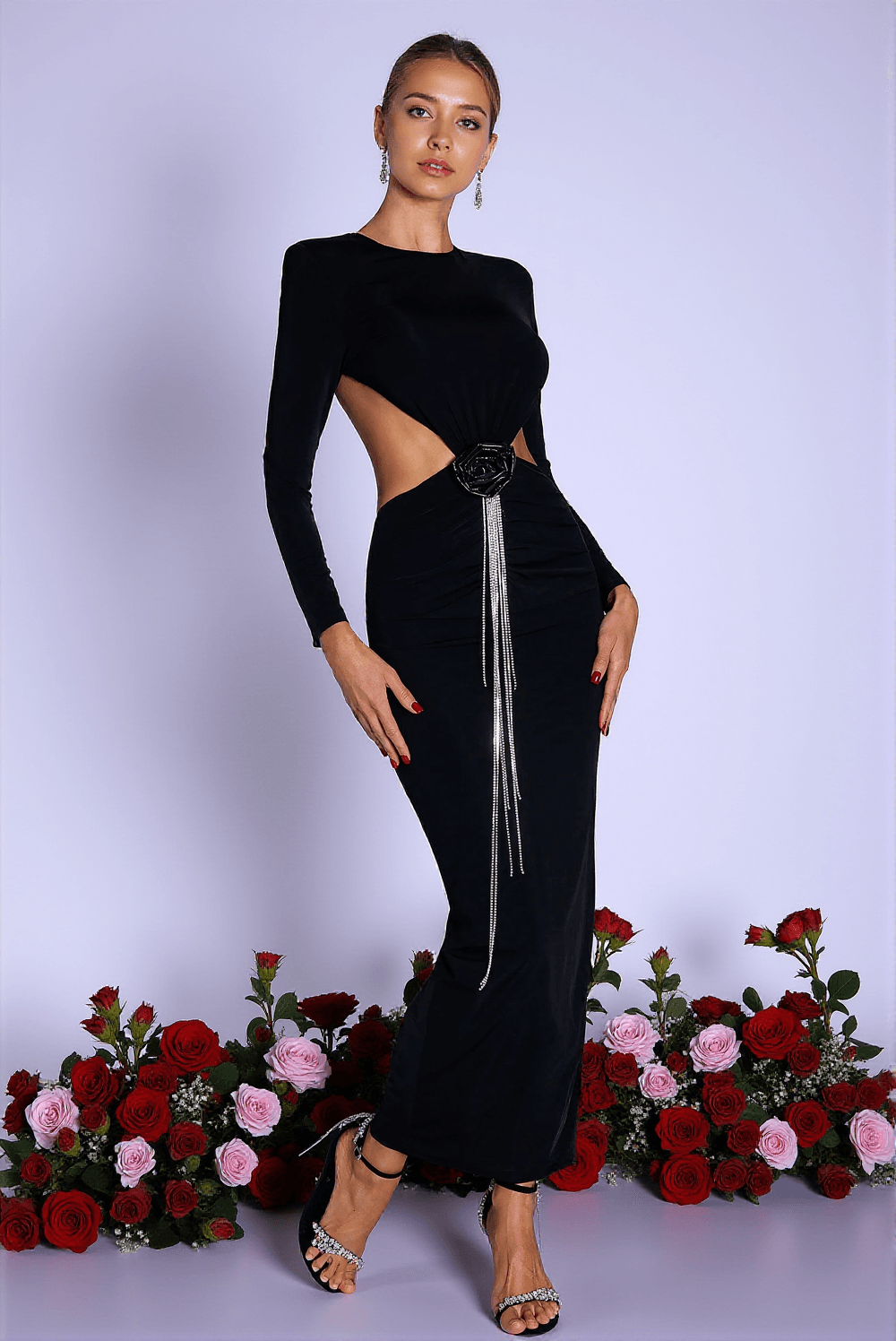 KAELYN 3D FLORAL FRINGE CUTOUT MAXI DRESS