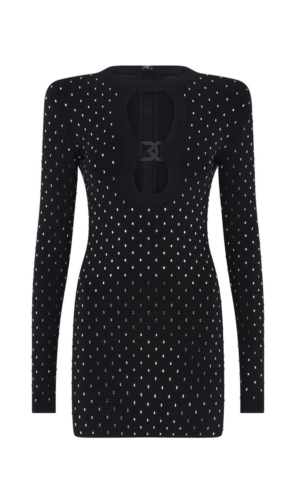 MINI ABITO CON SCOLLO A V E CRISTALLI NERI