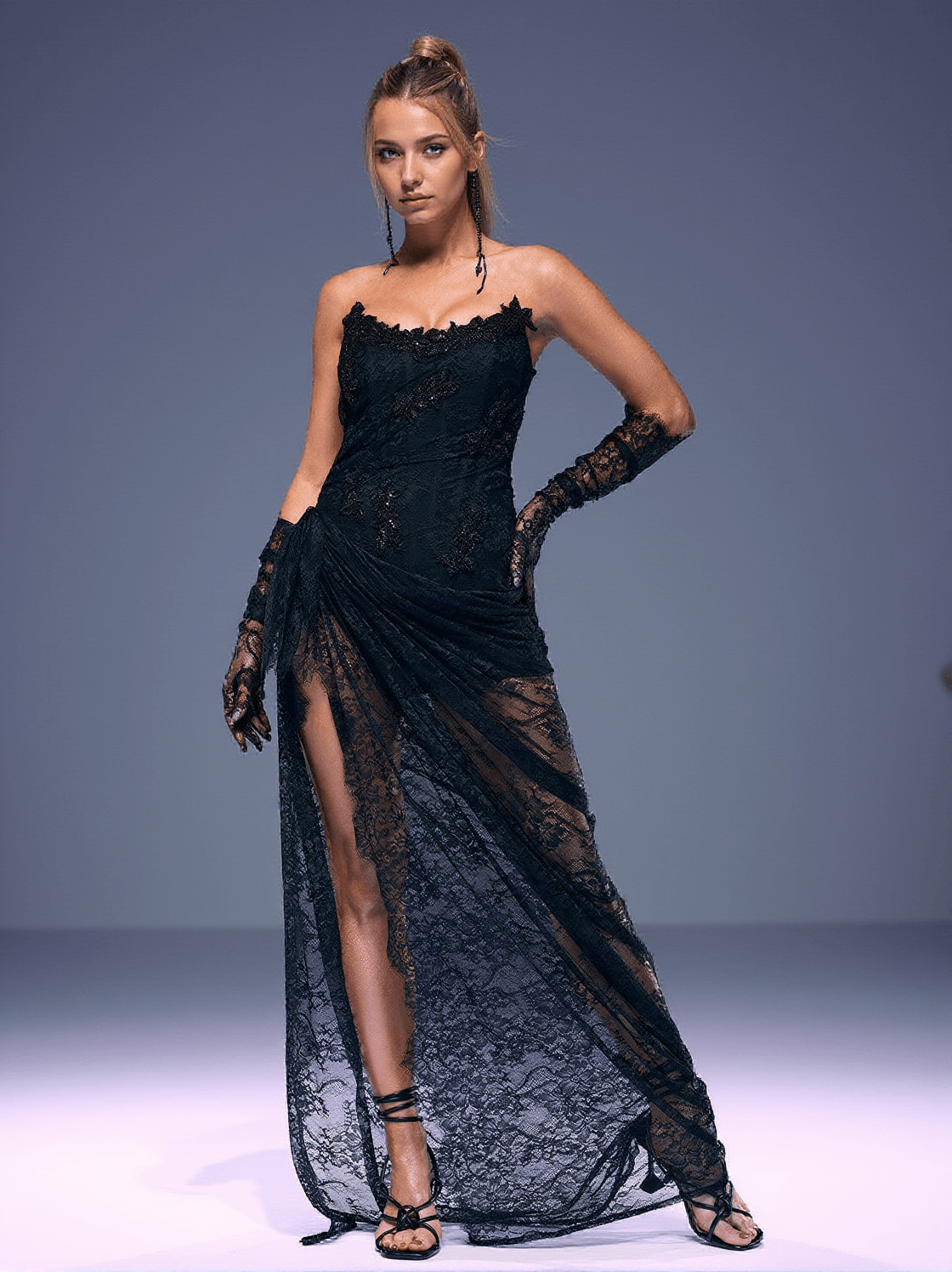 NAZIA STRAPLESS LACE MAXI DRESS WITH GLOVES