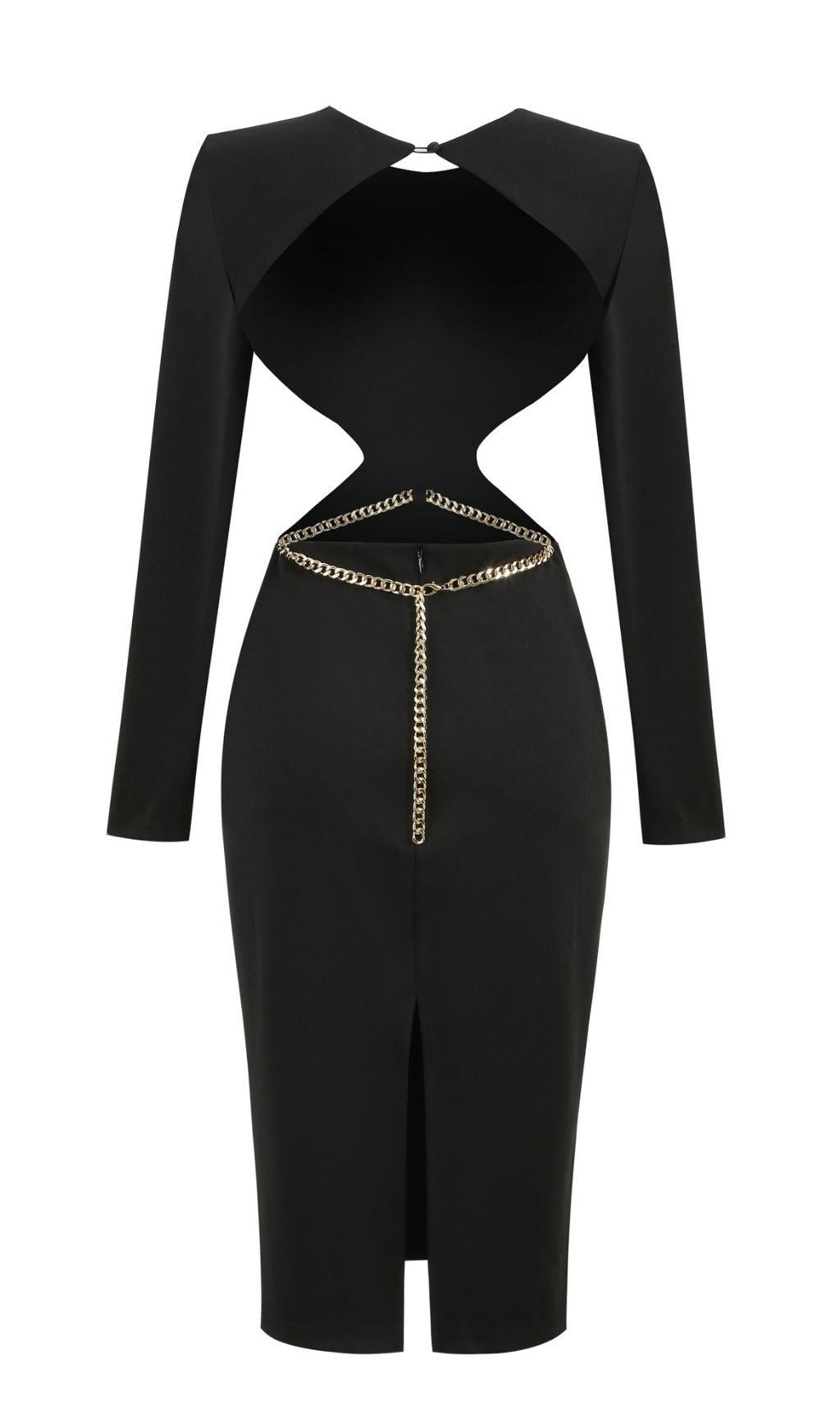 SCHWARZES RÜCKENFREIES MIDIKLEID MIT KETTE