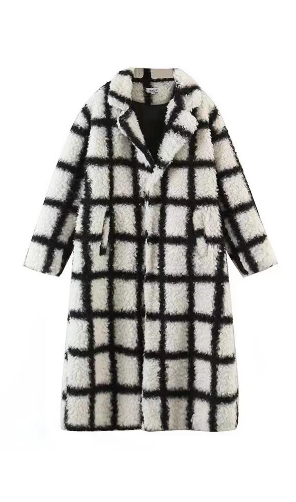 NINA FAUX FUR CHECK COAT CREAM AND BLACK