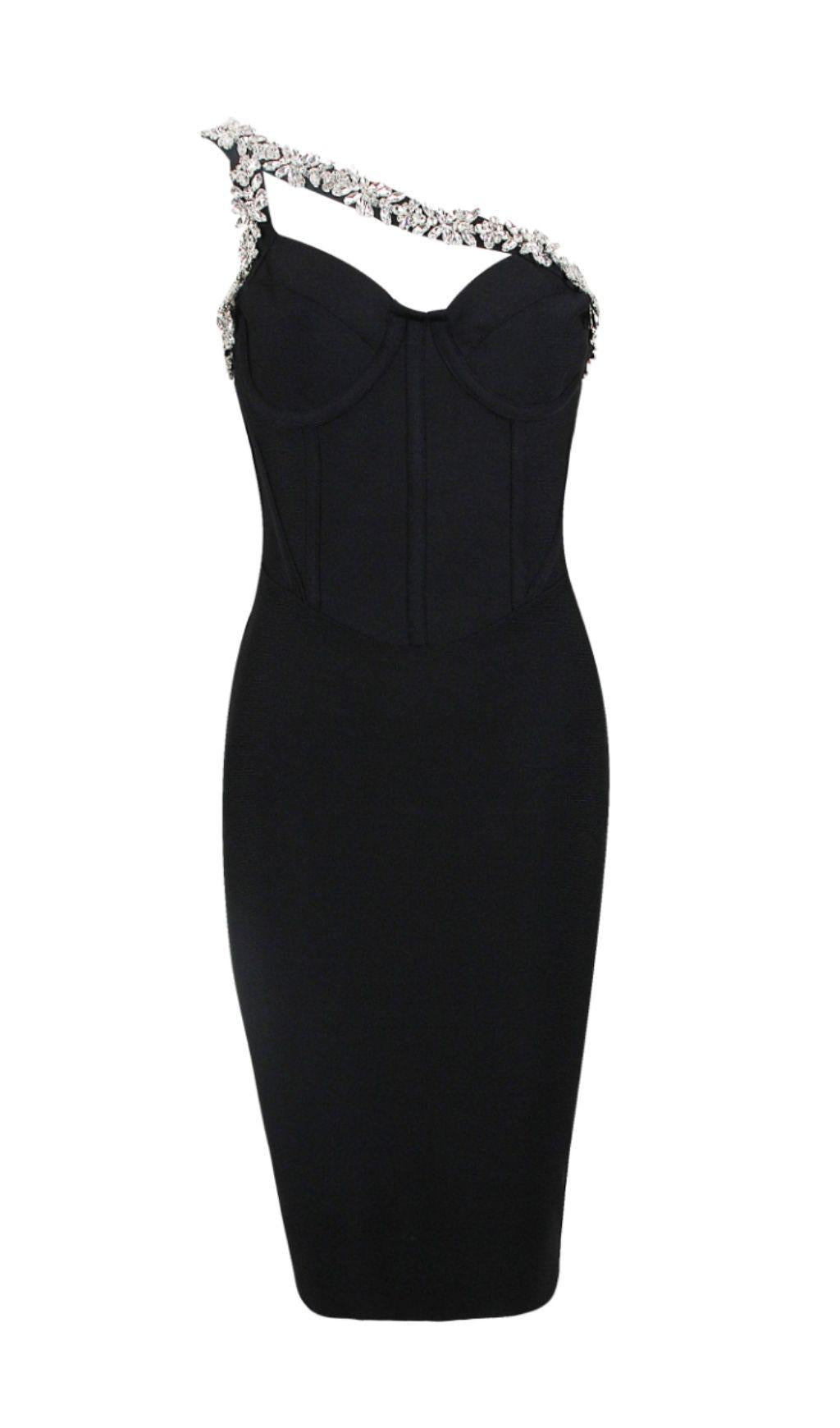 SCHWARZES CROSET-KLEID MIT KRISTALL-TRÄGERN