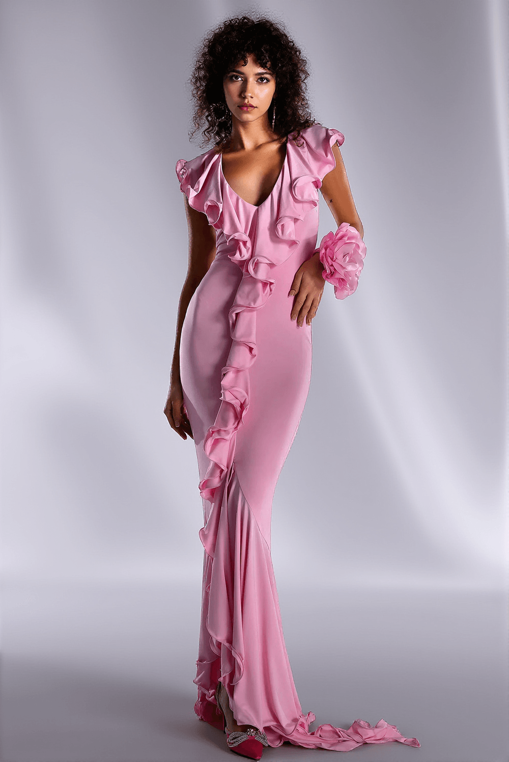 MELLIADE V-NECK RUFFLE DRESS WITH HAND FLOWER