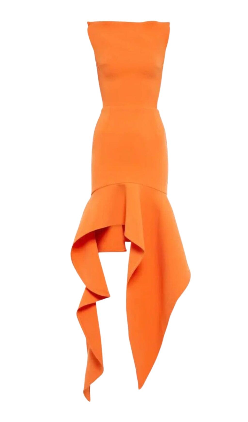 ASYMMETRISCHES HIGH-LOW-KLEID MIT RÜSCHEN IN ORANGE