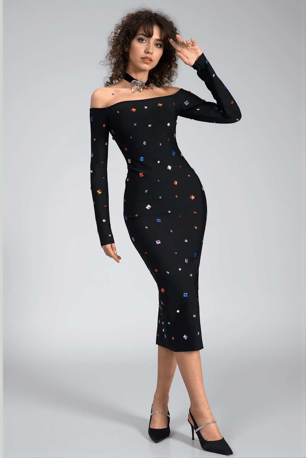 GANIDE CRYSTAL LONG SLEEVE MIDI DRESS