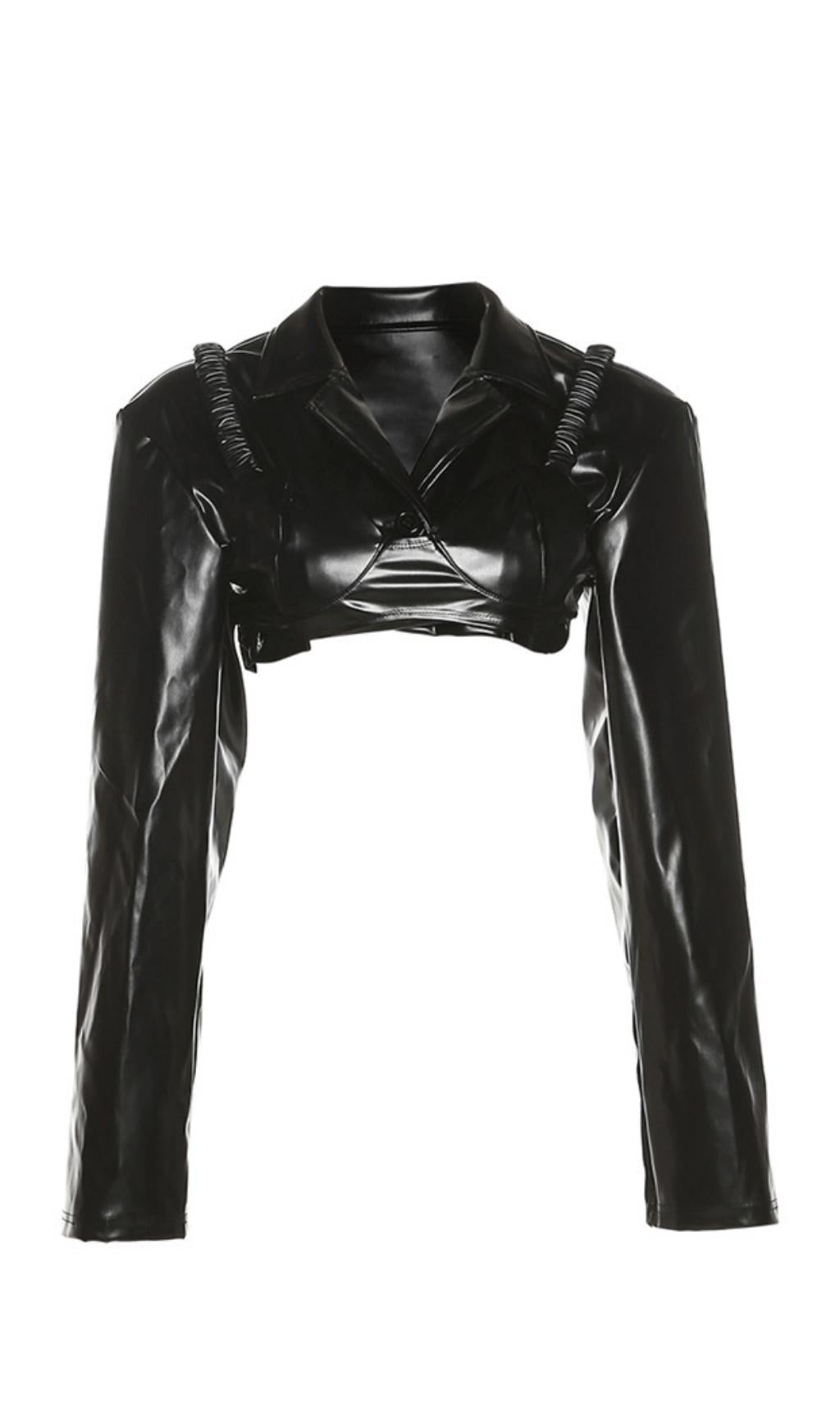 LAPEL NAVEL CROP PU LEATHER TOP SUIT
