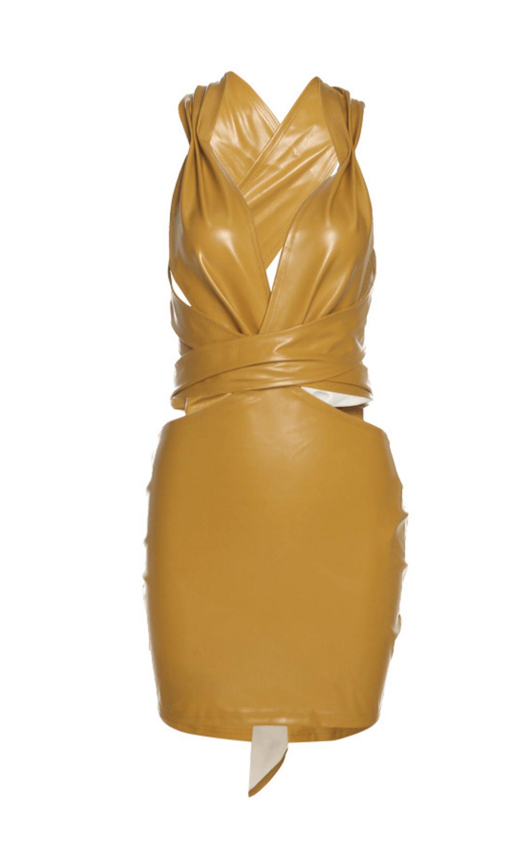 LOW-CUT HOLLOW FAUX LEATHER DRESS