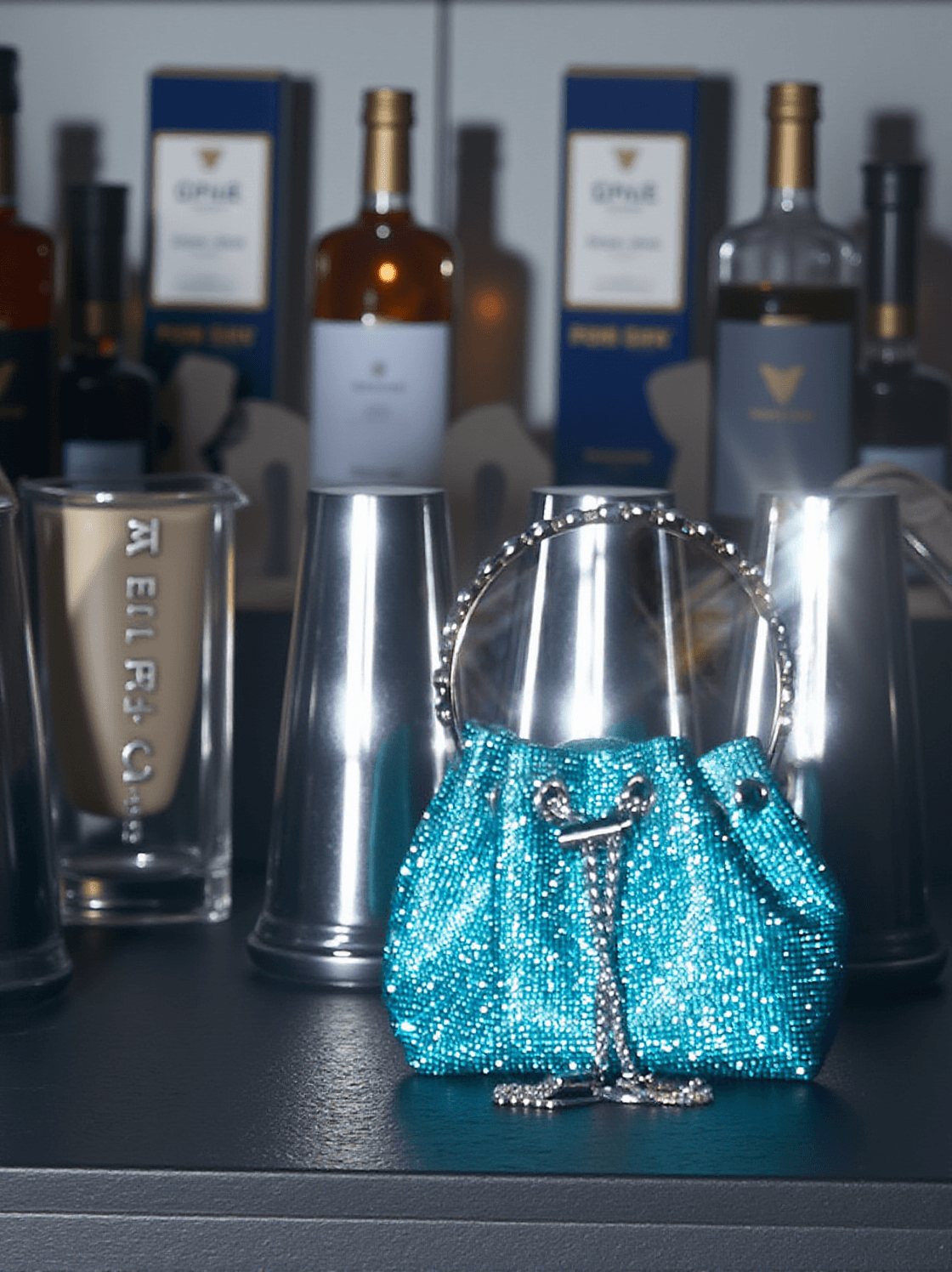 MATTEA CRYSTAL EMBELLISHED BUCKET BAG IN BLUE