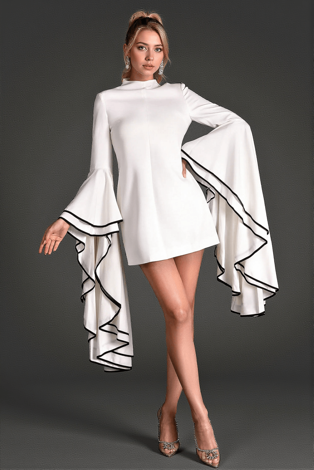 FLOROULIS HIGH NECK RUFFLE SLEEVE MINI DRESS