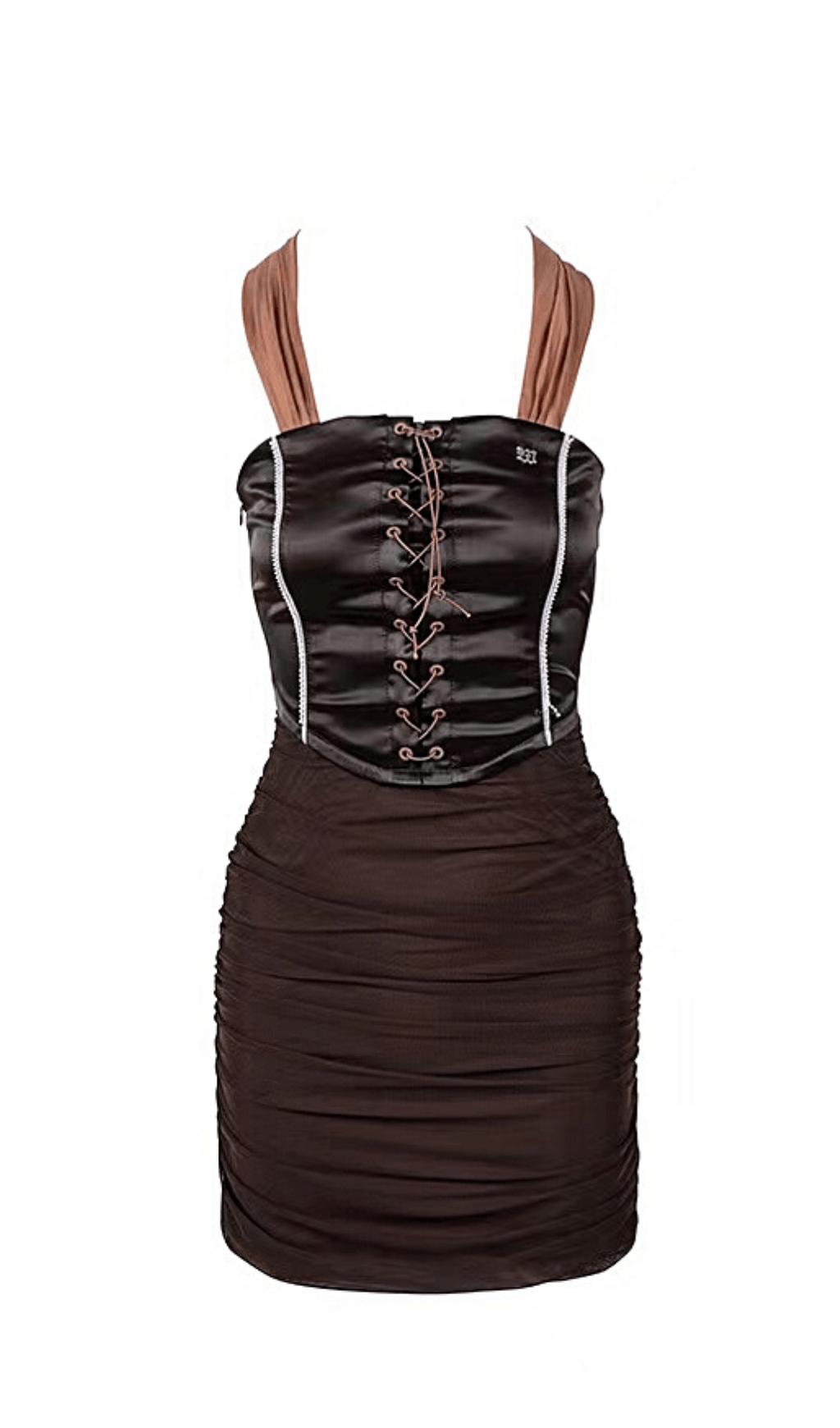 MESH PANELLING SATIN HALTERNECK DRESS.