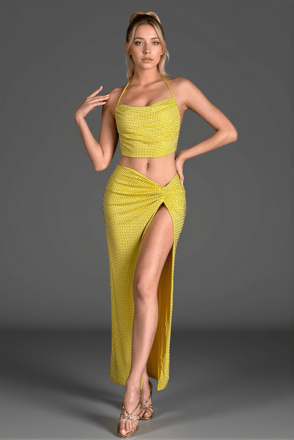 AIIZIE XENELI BACKLESS HALTER HIGH SLIT 2 PIECE SET IN YELLOW - product image