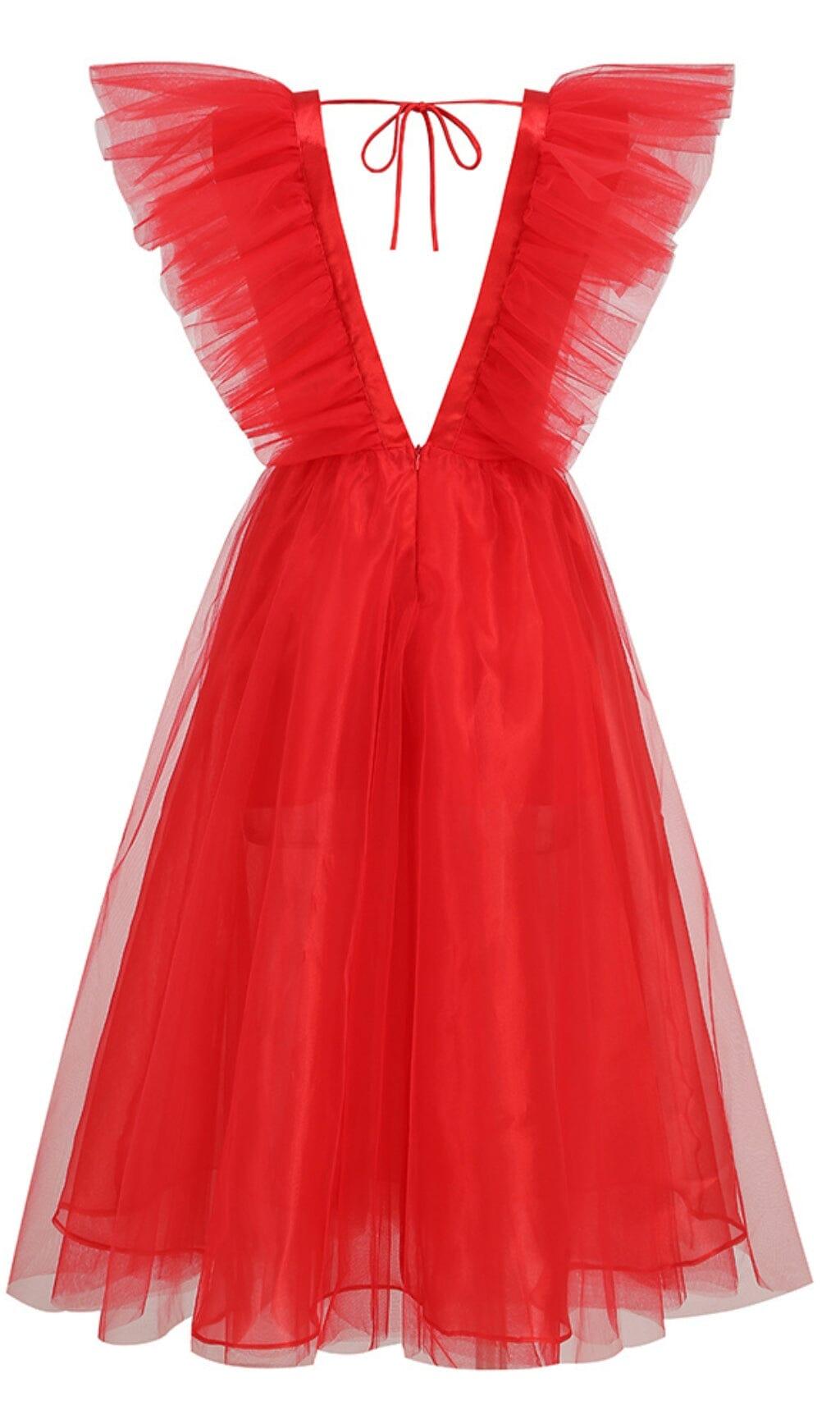 ABITO MIDI IN RETE CON SCOLLO A V E PIUME IN MOGANO