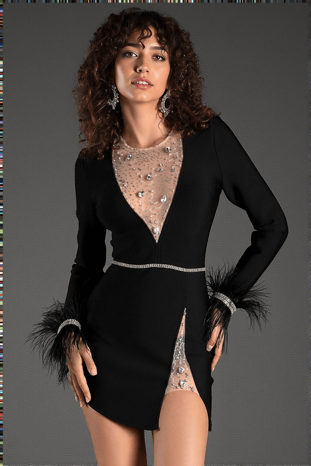 Garotis Langärmliges Kleid mit Kristallfedern