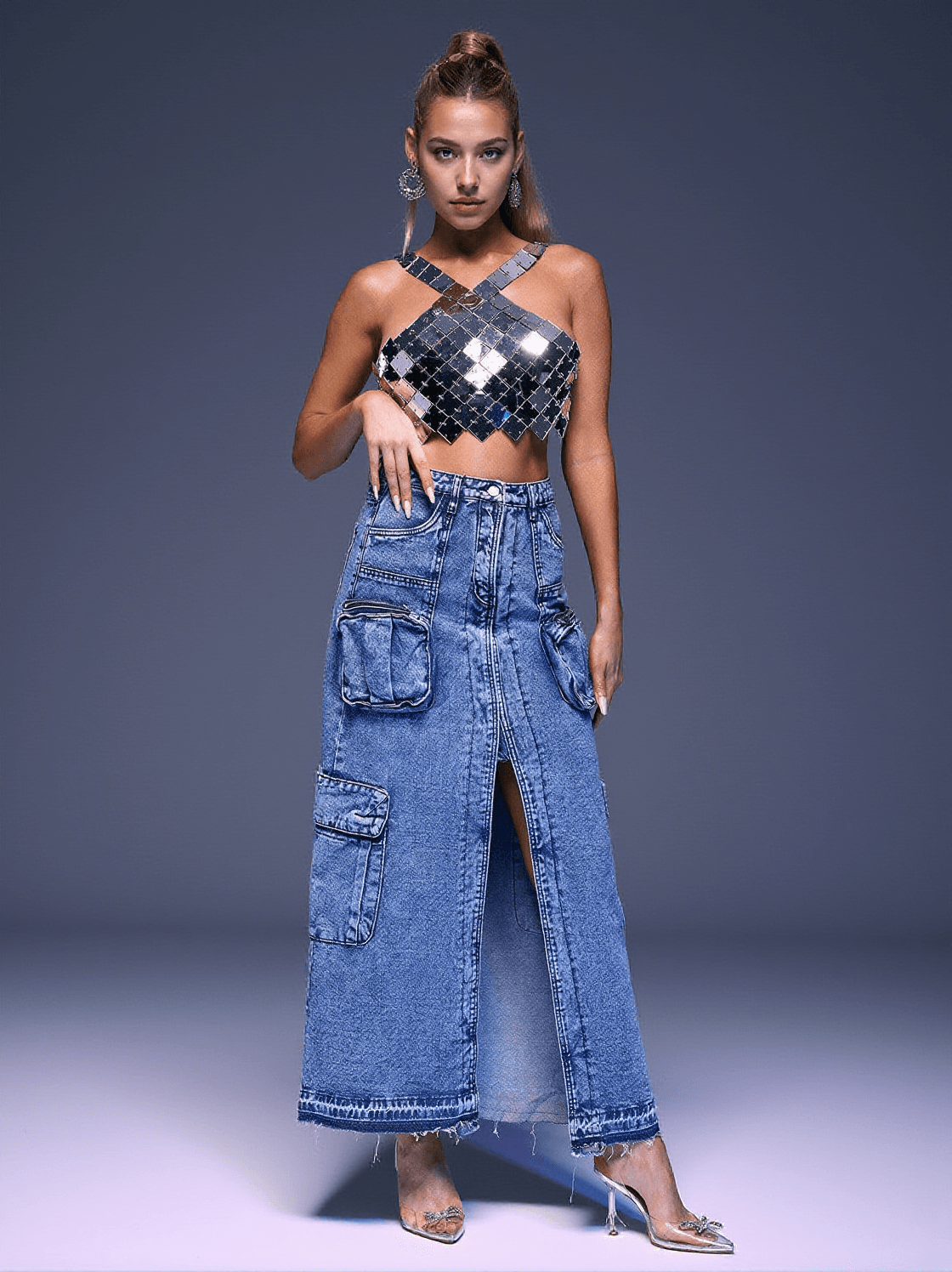 Gonna in denim con tasche spaccate Valencia blu