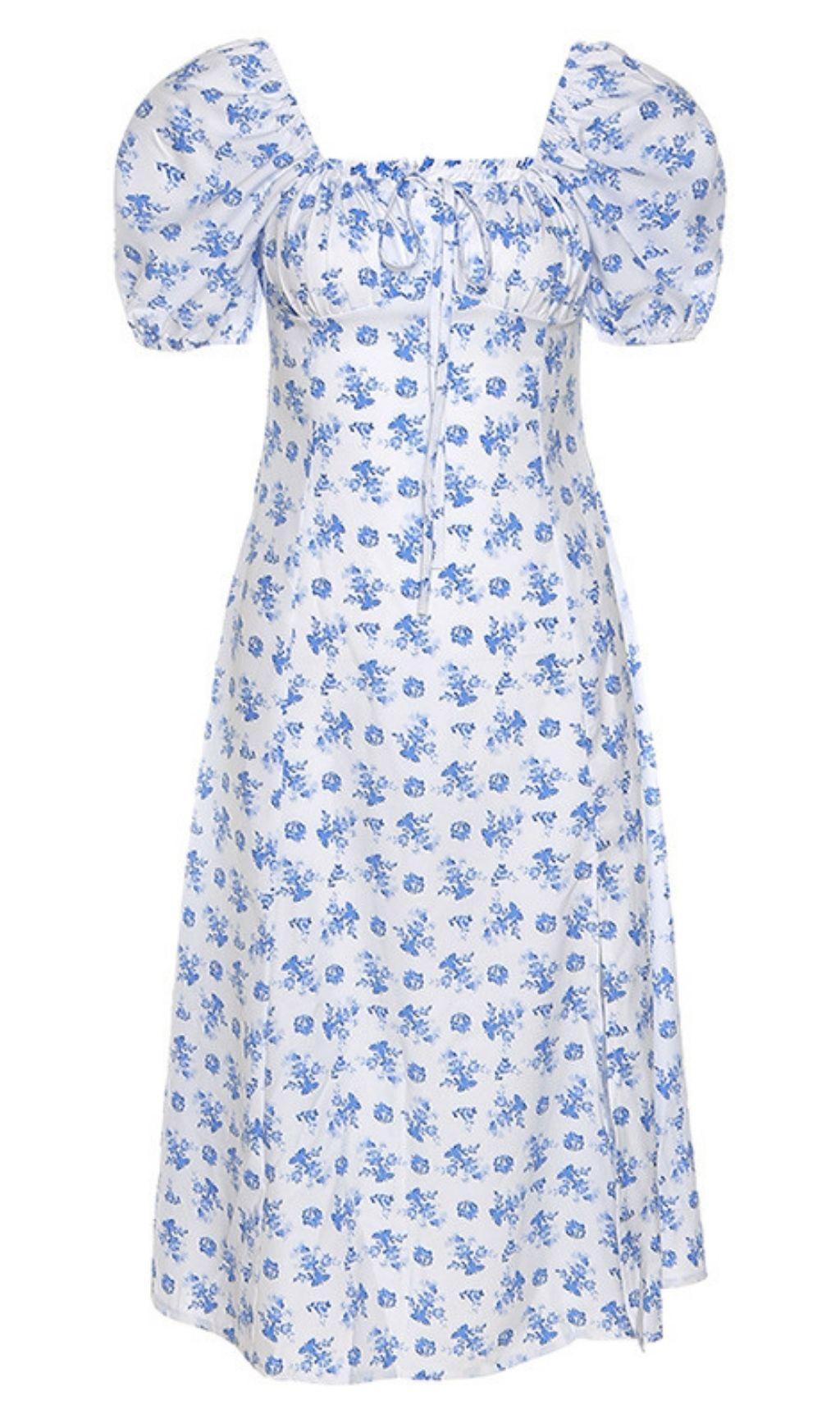 BLUE WHITE FLORAL MIDI DRESS – AIIZIE