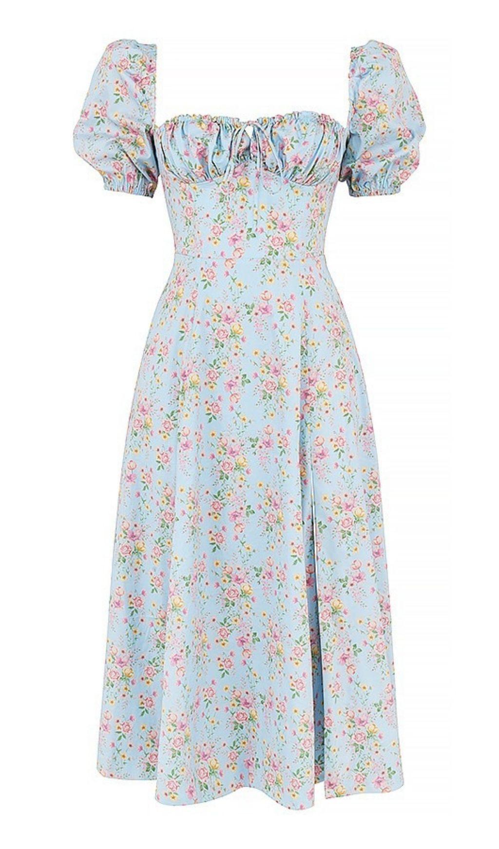 BLUE VINTAGE FLORAL PUFF SLEEVE MIDI DRESS – AIIZIE