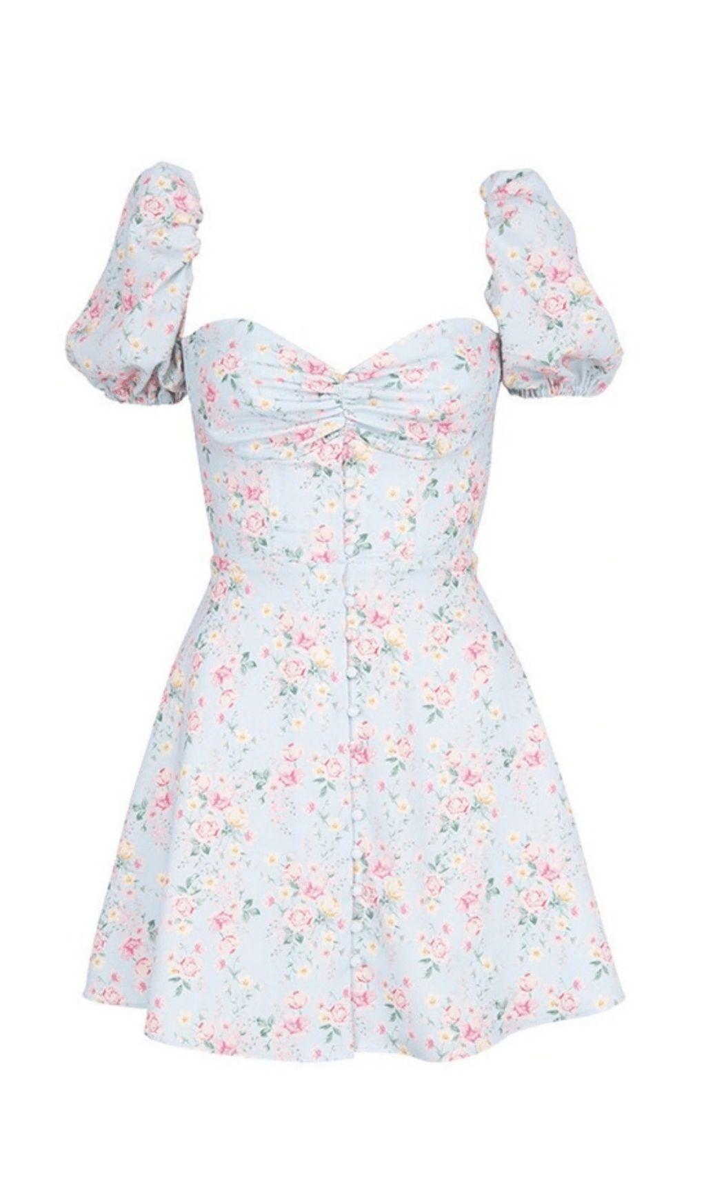 BLAUES MINI-SOMMERKLEID MIT BLUMENMUSTER