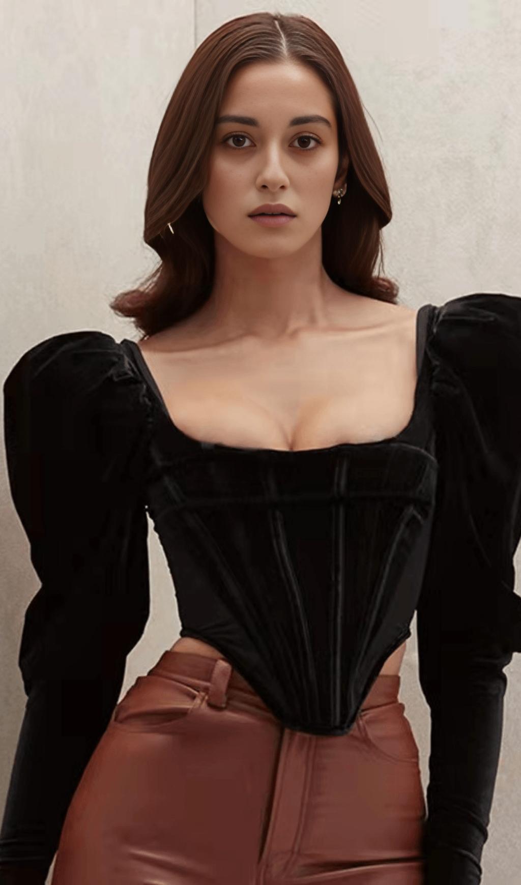 AIIZIE VELVET PUFF SLEEVE CORSET IN BLACK - product image