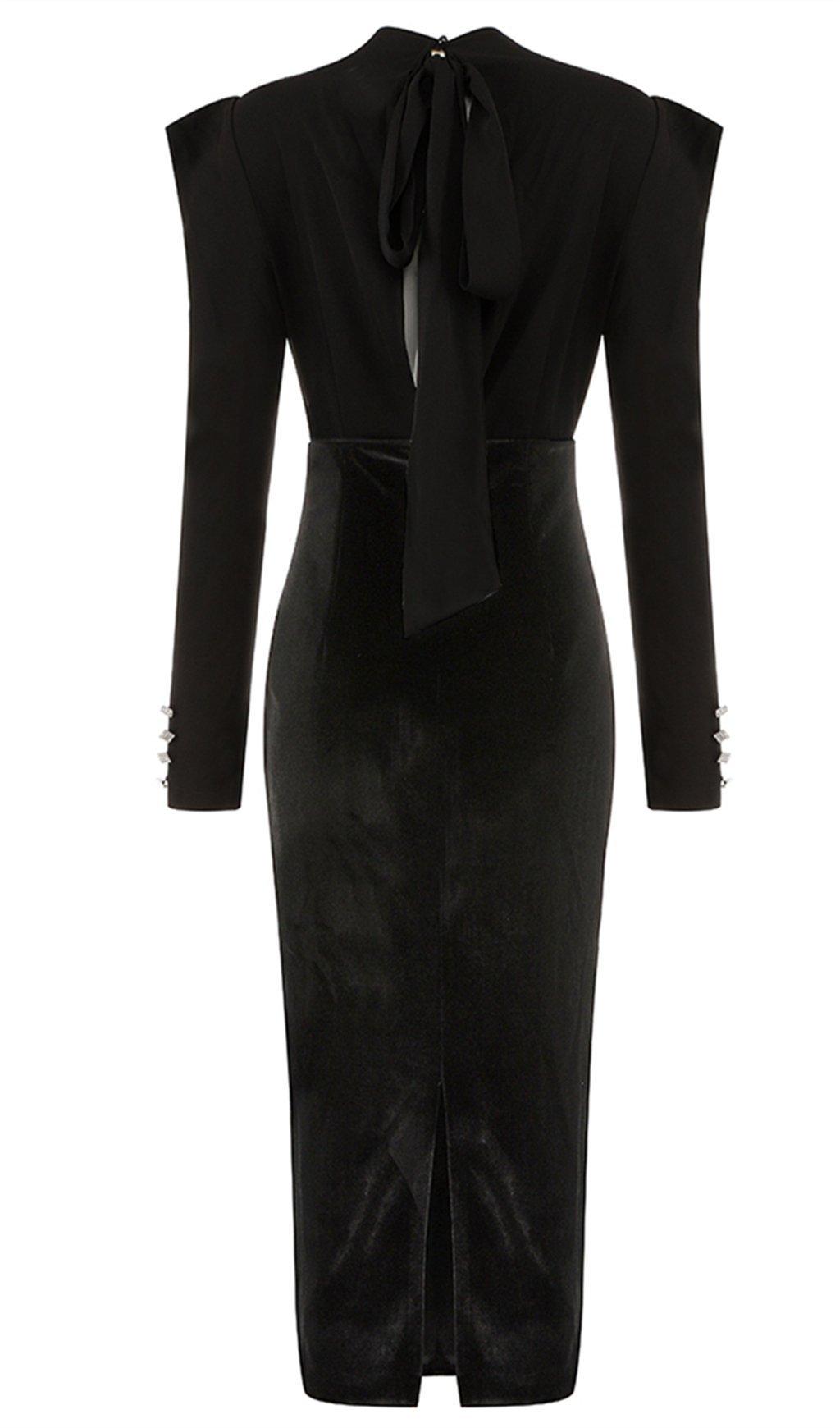 Schwarzes Kleid mit mittellangem Ausschnitt, gepolsterten Schultern und Taillenband