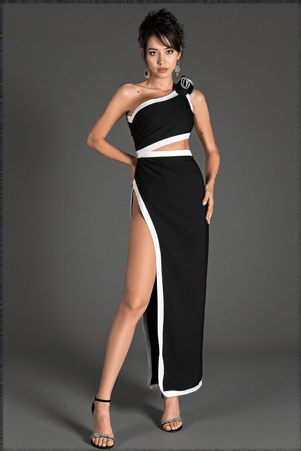 MIKAKOS ONE SHOULDER CUTOUT HIGH SLIT DRESS