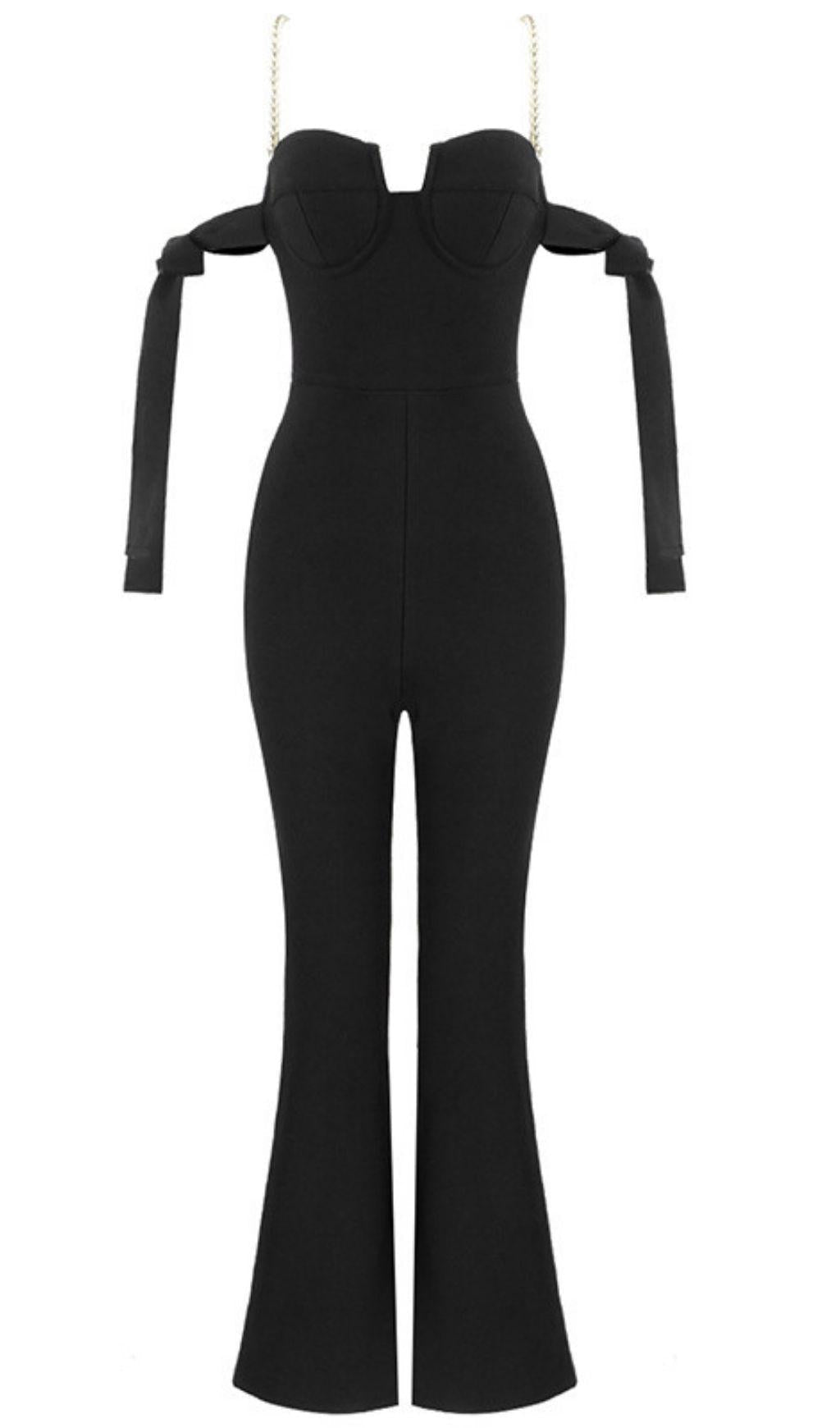 SCHWARZER BANDAGE-JUMPSUIT MIT TAILLE