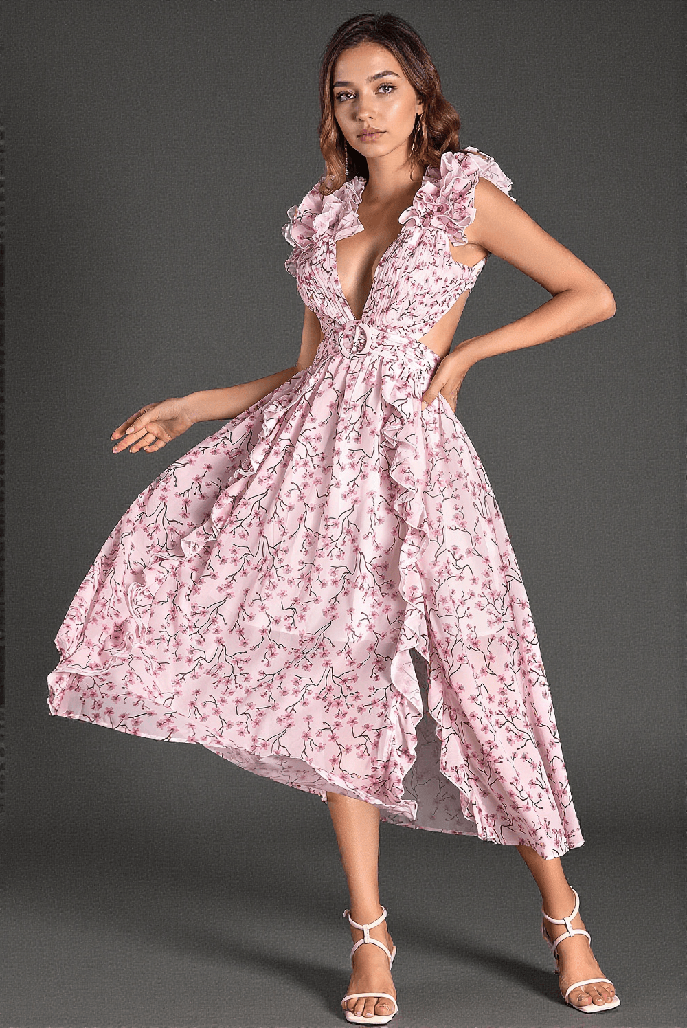 GLARAS SLEEVELESS V-NECK FLORAL DRESS