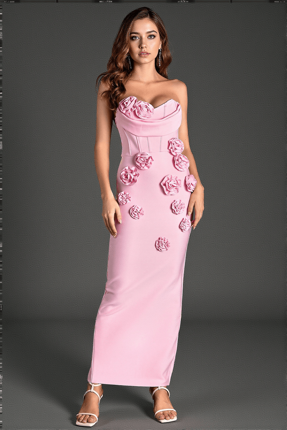 MARWOND CORSET STRAPLESS 3D FLORAL DRESS