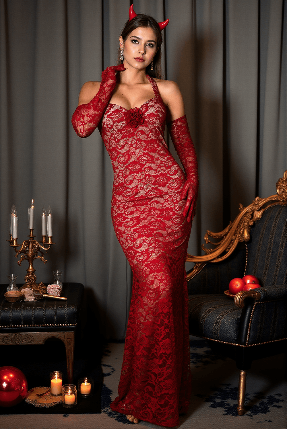 Agnes 3D-Blumenspitzenkleid mit Handschuhen