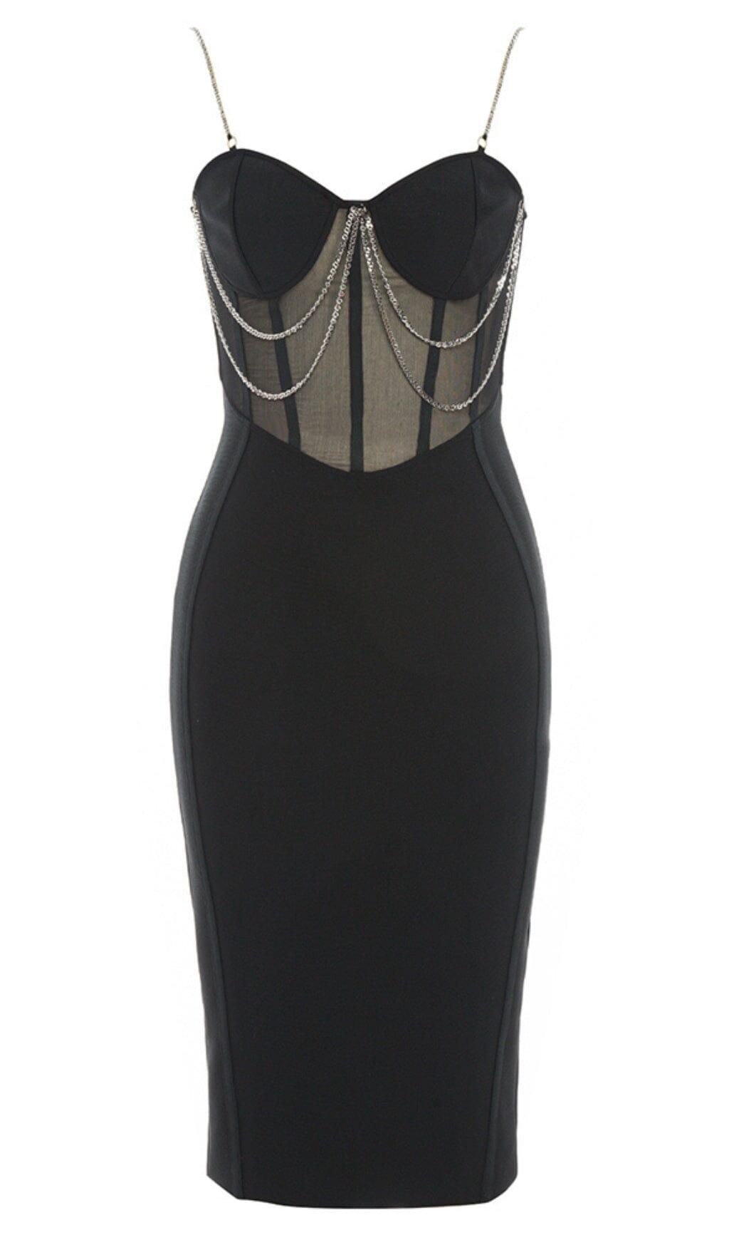 KORSETT-MIDIKLEID MIT RIEMEN UND NETZ IN SCHWARZ
