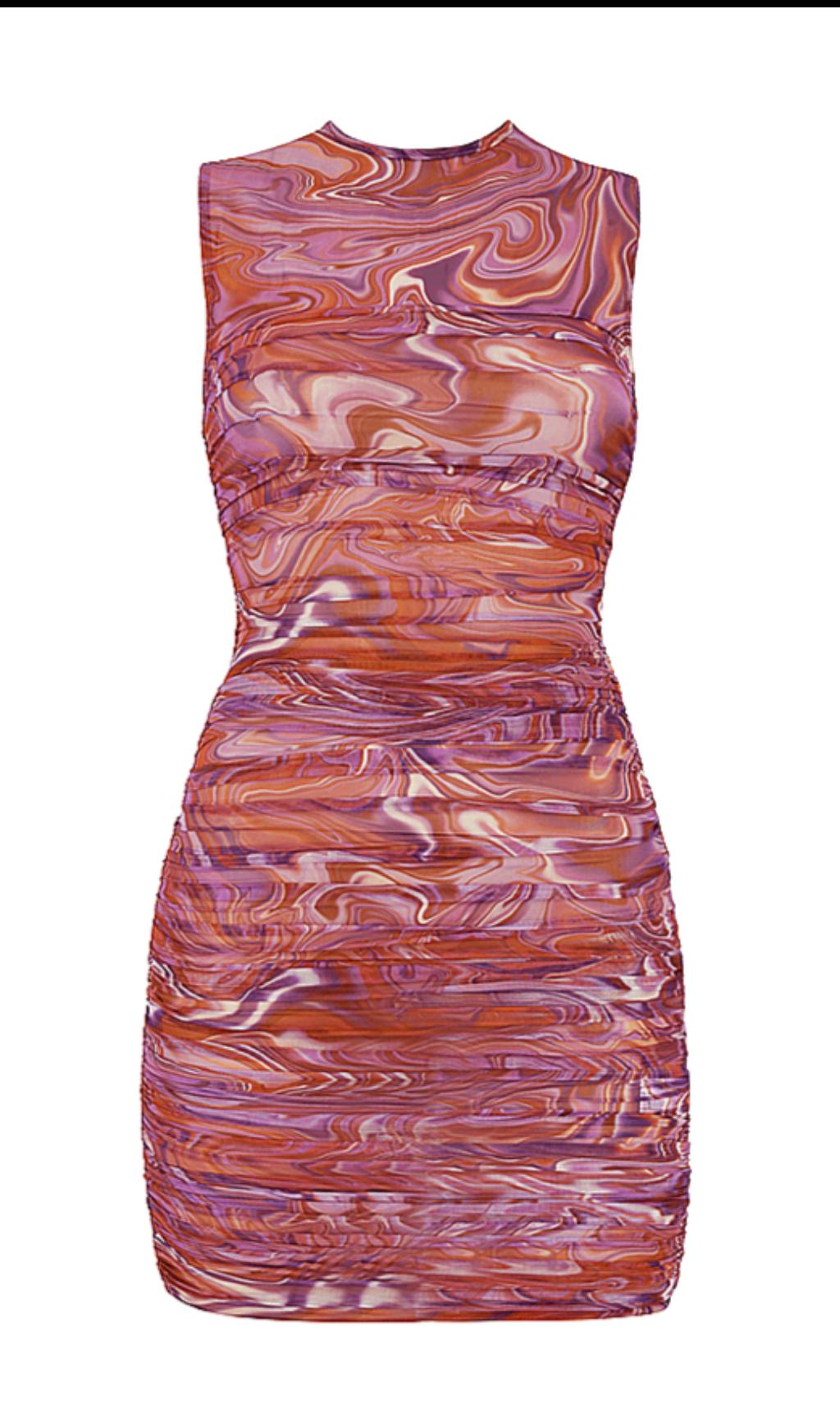 LILA TRÄGERLOSES MIDIKLEID MIT RÜSCHEN UND WIRBELN