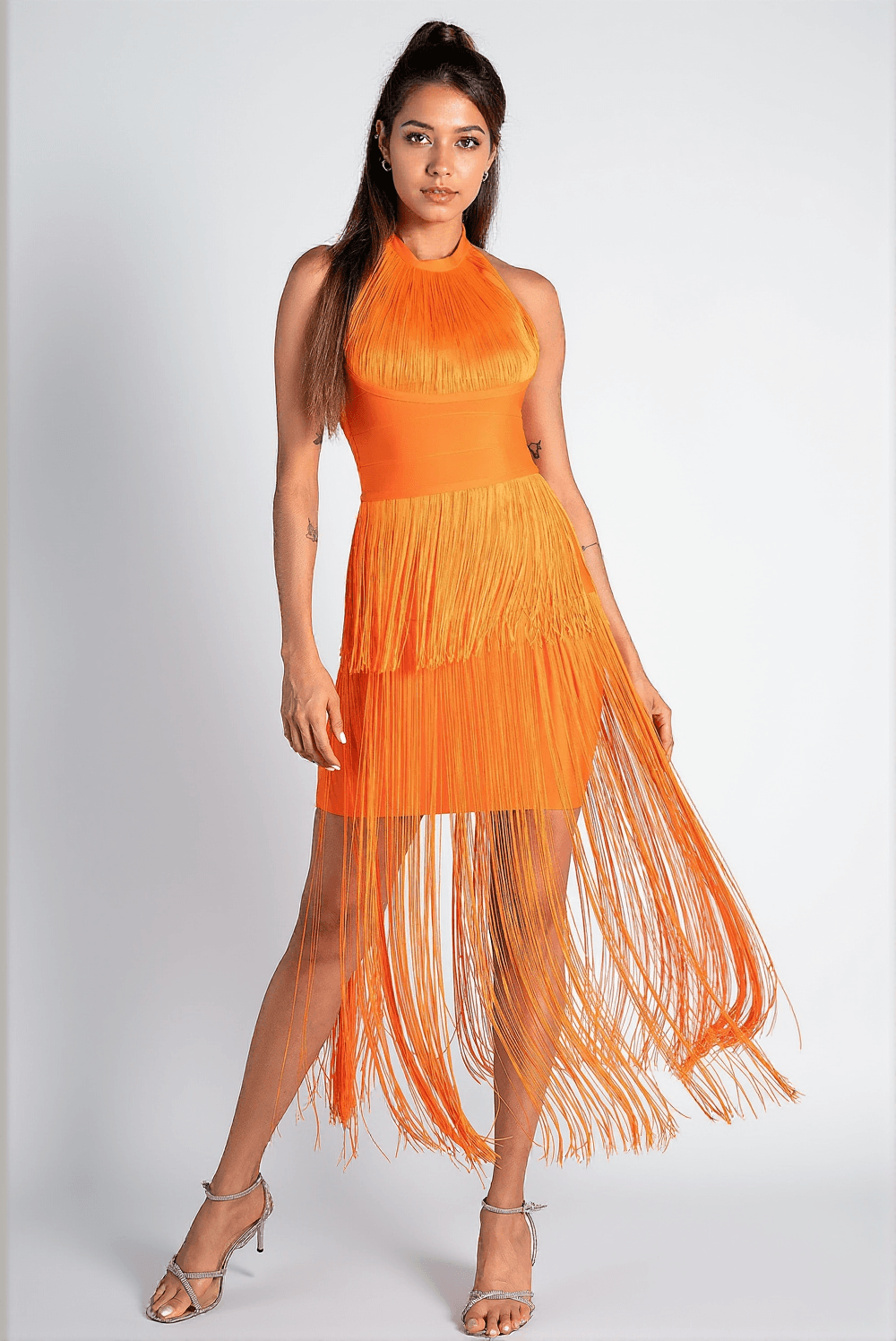 MONOTI HALTER FRINGE BANDAGE DRESS