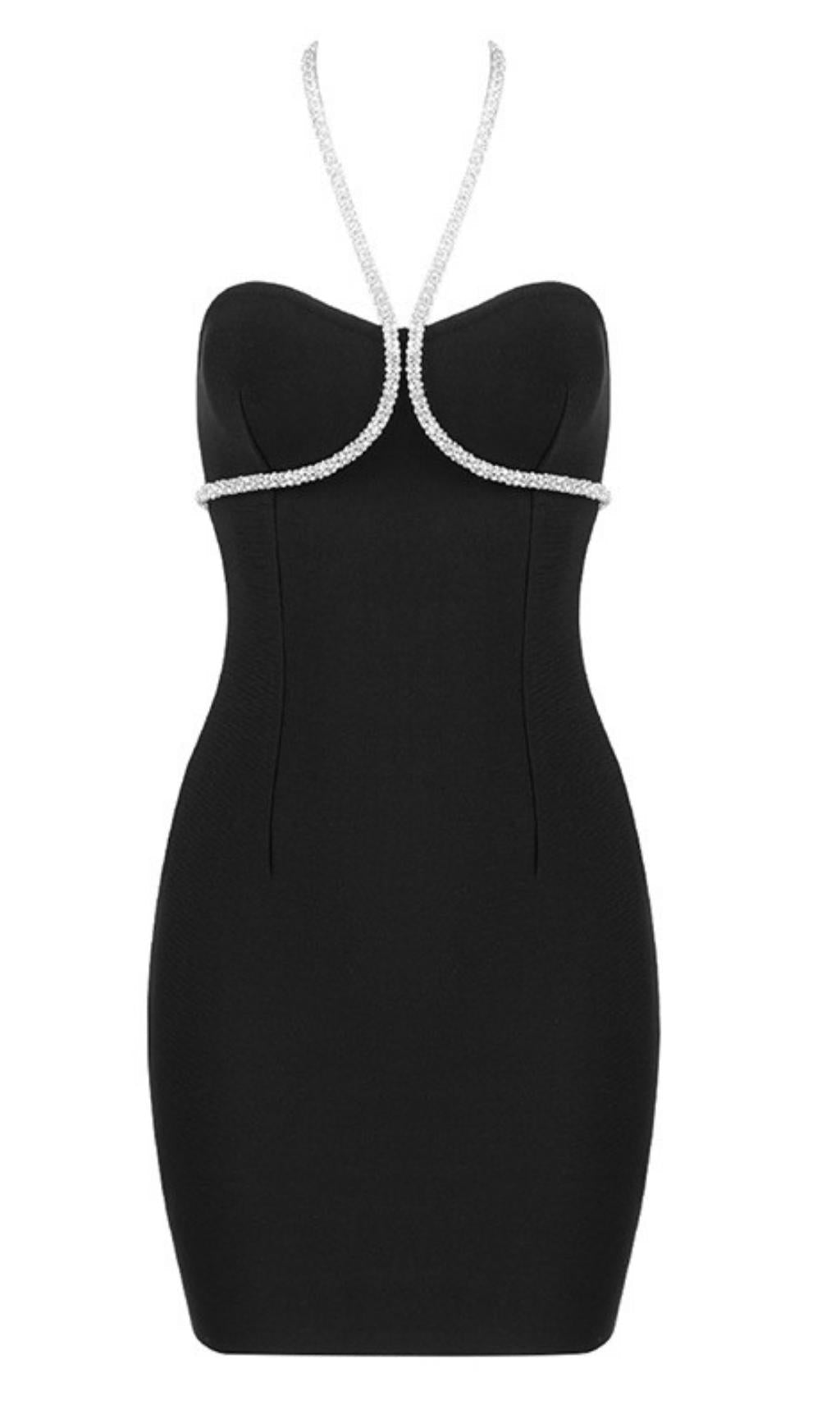 MINI ABITO CON COLLANA DI CRISTALLI IN NERO