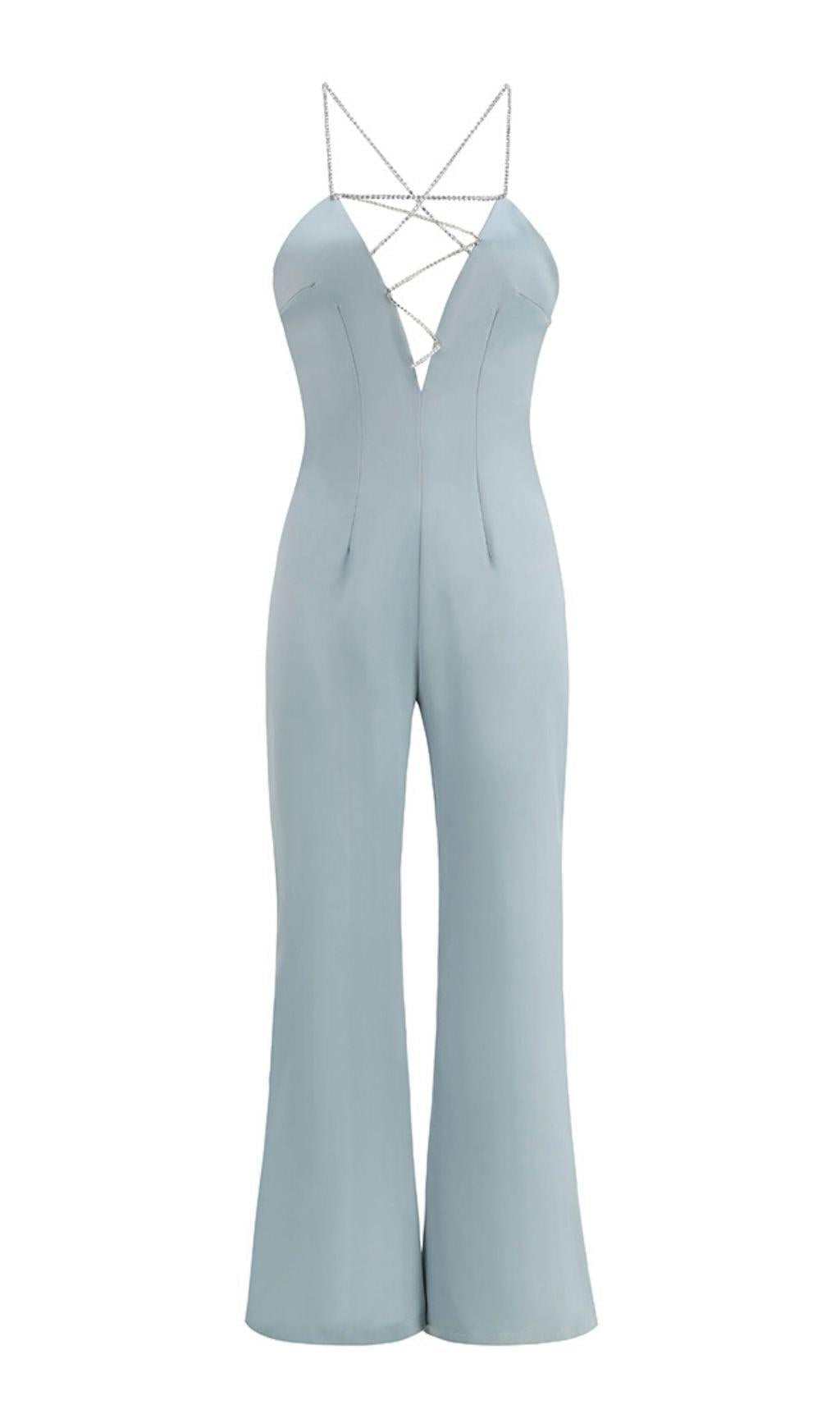 SATIN-JUMPSUIT MIT KRISTALLKETTE IN BLAU