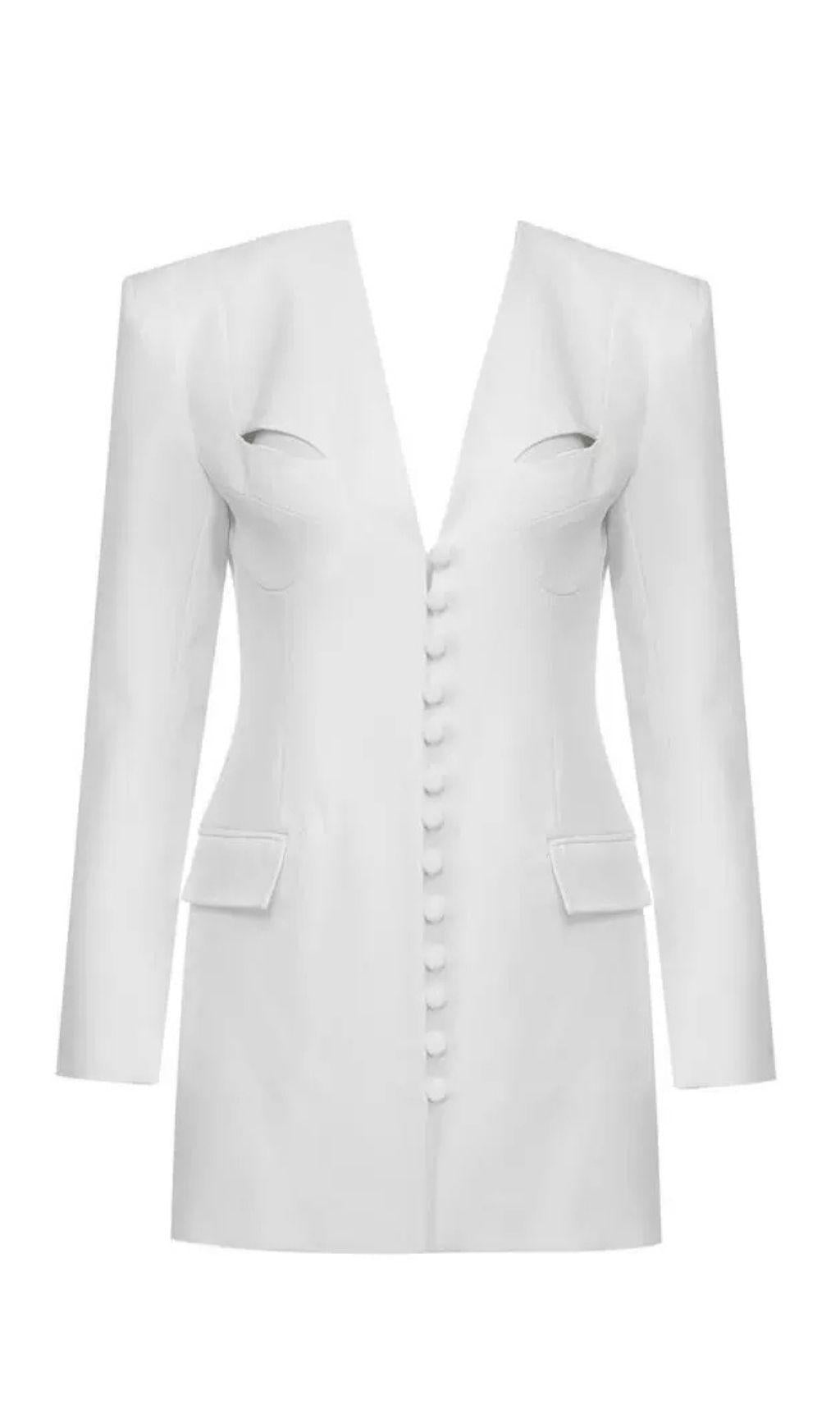 WEISSES DRAPIERTES SMOKINGKLEID MIT HOHLMUSTER