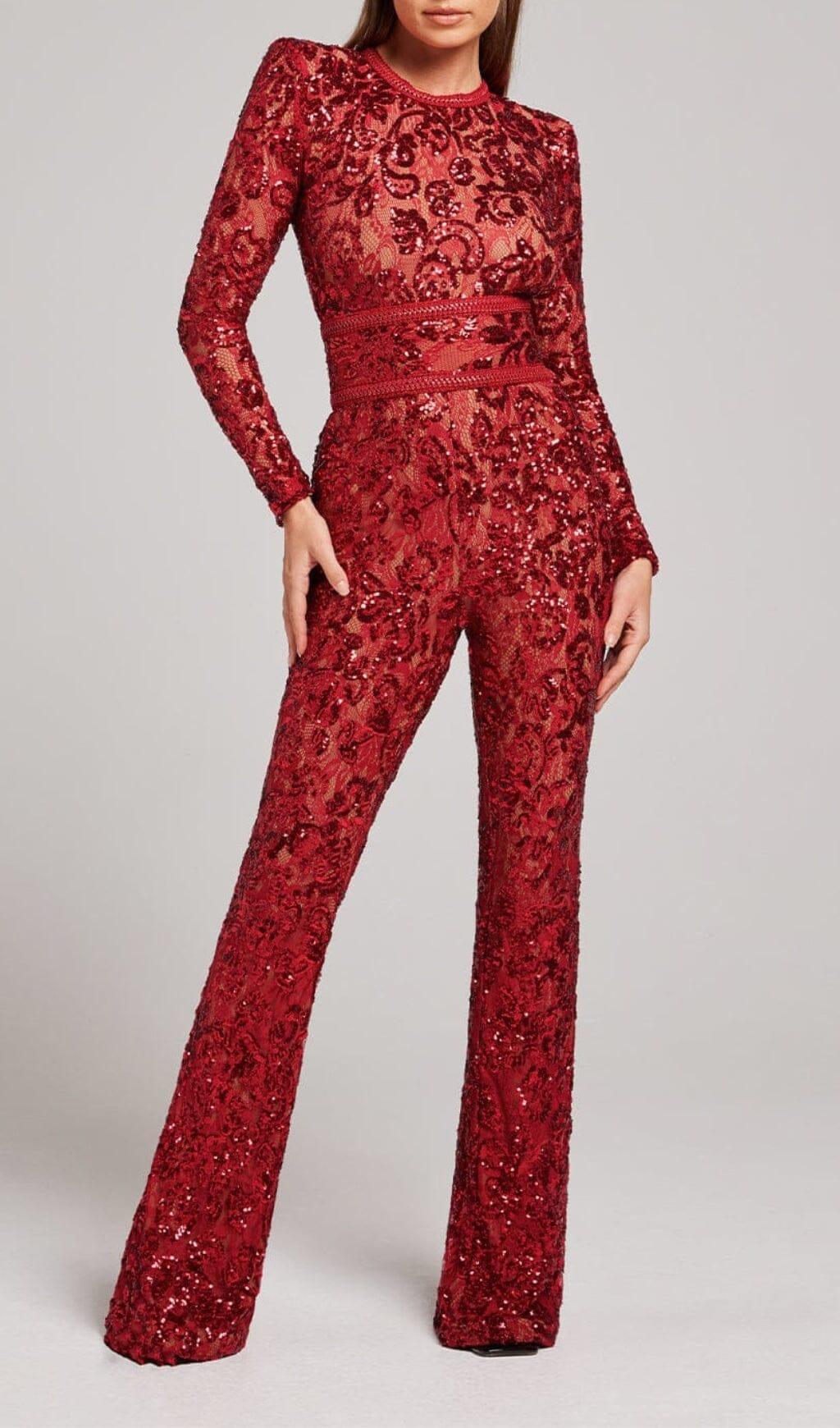 EMBELLISHED LACE RED JUMPSUIT