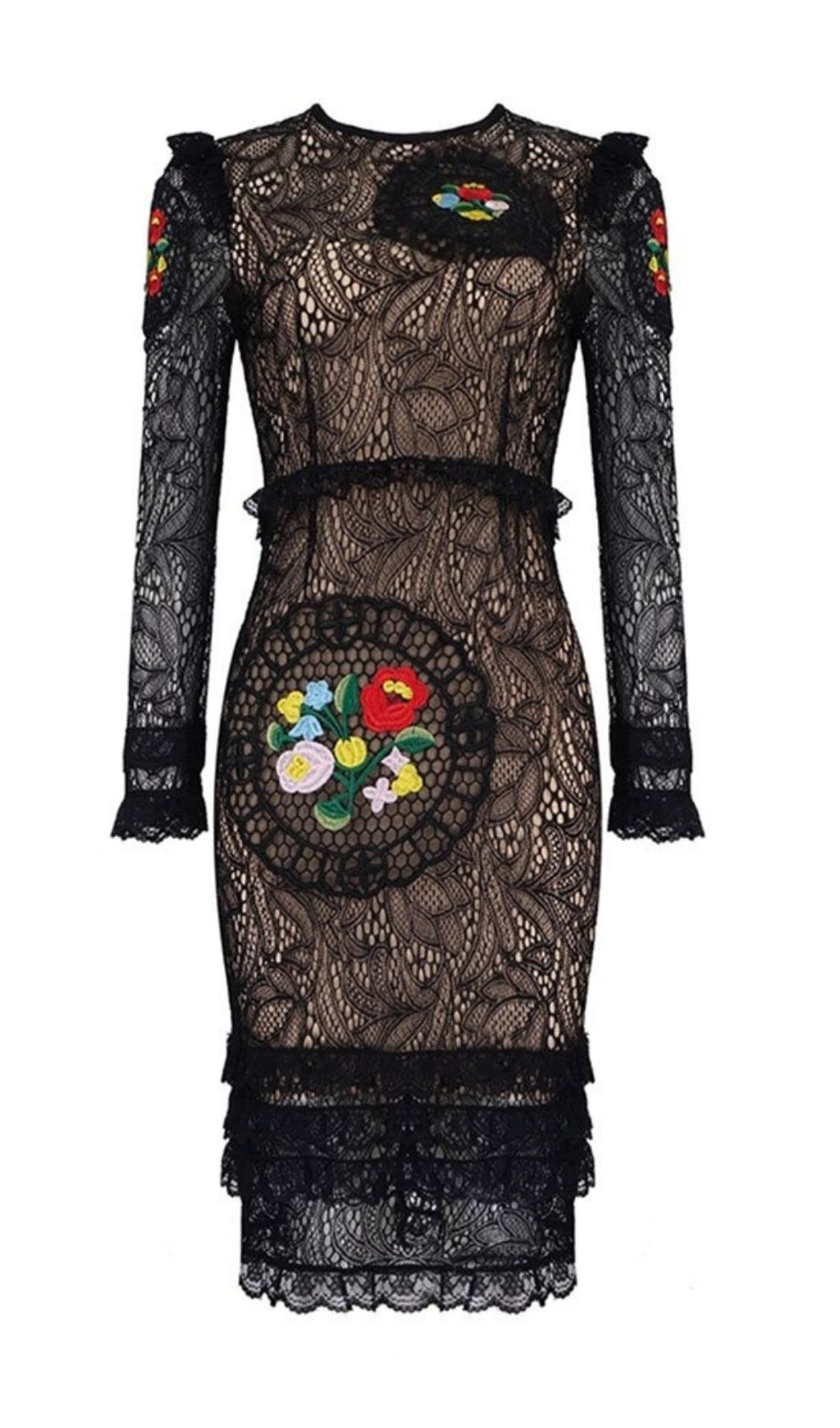 FLOWER LONG SLEEVE LACE MINI DRESS IN BLACK