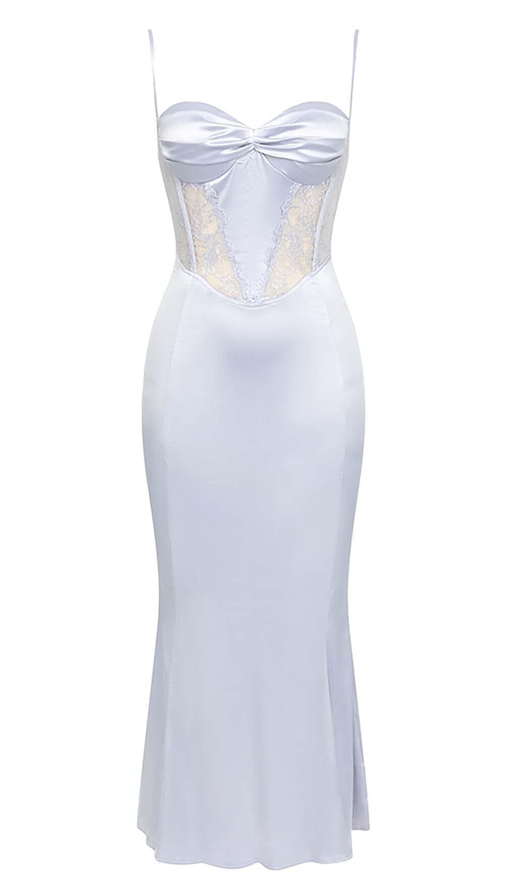 MIDIKLEID MIT TRÄGERN UND SPITZE IN FLIEDER