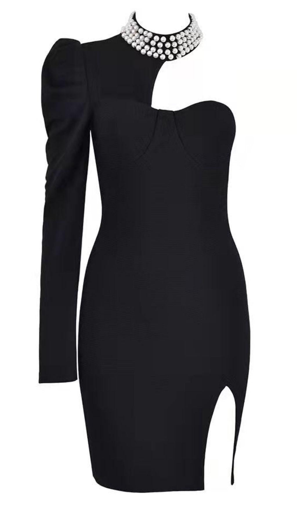 MINI ABITO MONOSPALLA CON FASCE IN PERLA NERA