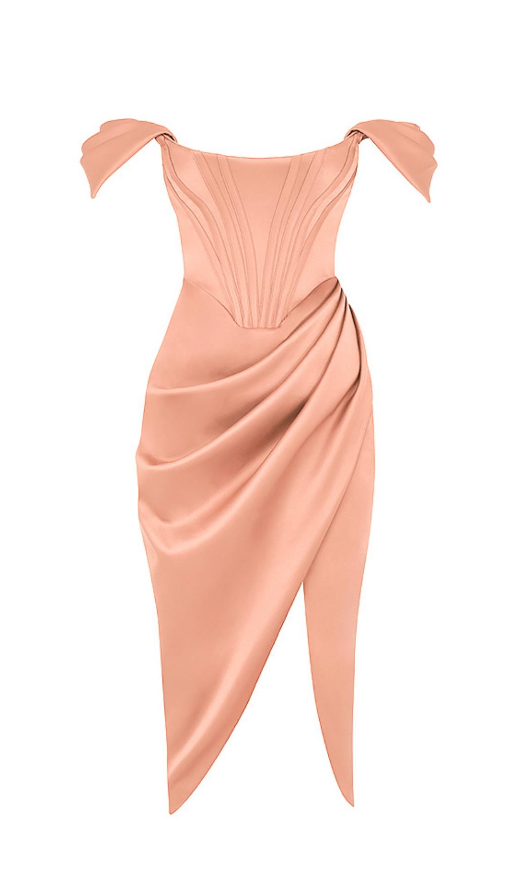 ASYMMETRISCHES MIDIKLEID MIT GESPLITTETEM KORSETT IN ROSA