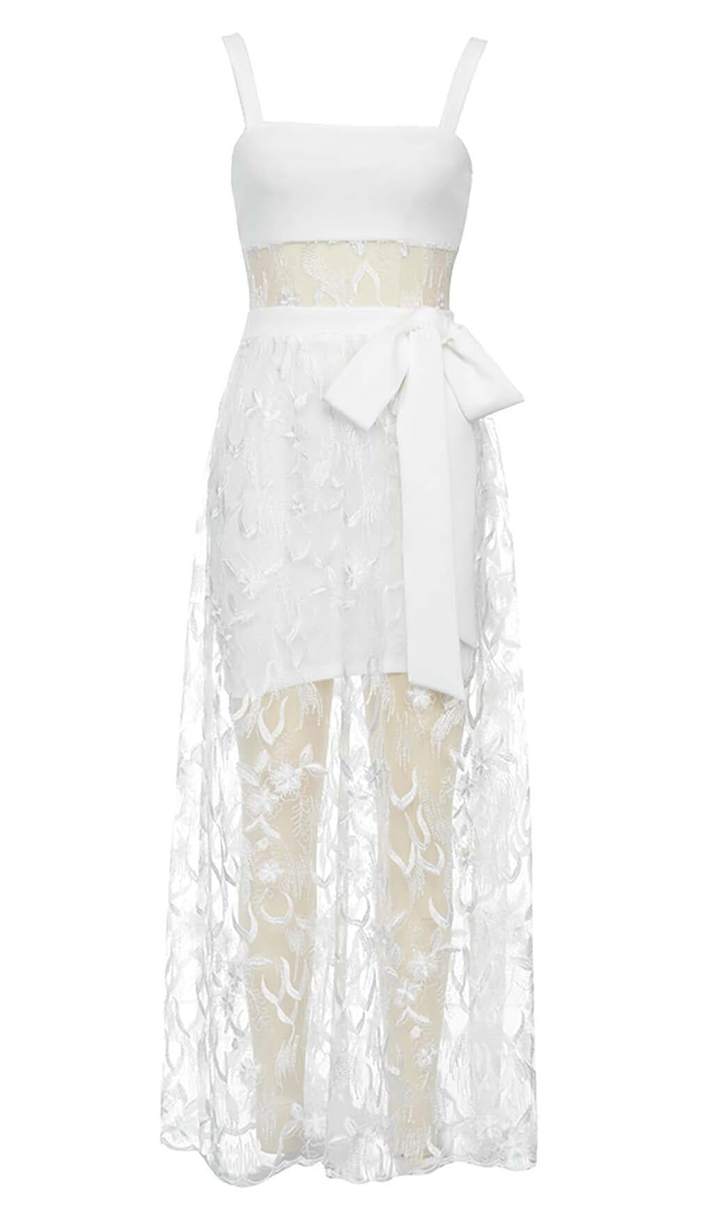 BOW-EMBELLISHED LACE MIDI DRESS IN WHITE
