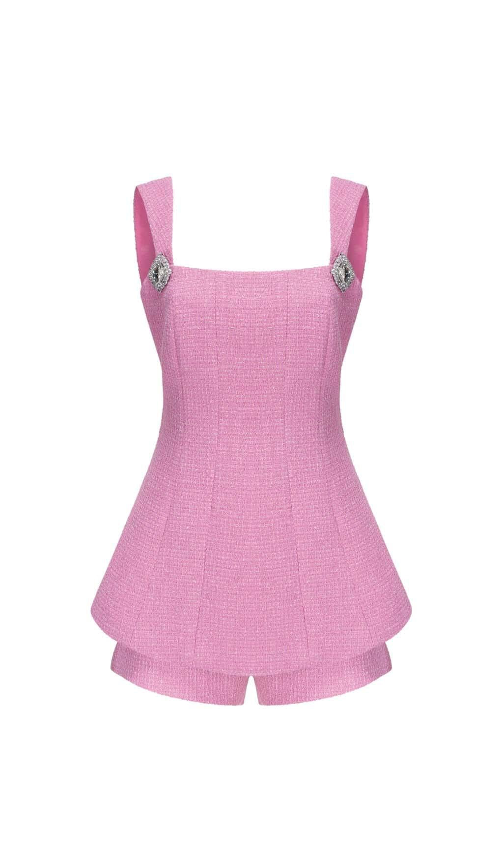 BOW-EMBELLISHED RHINESTONE MINI DRESS IN PINK