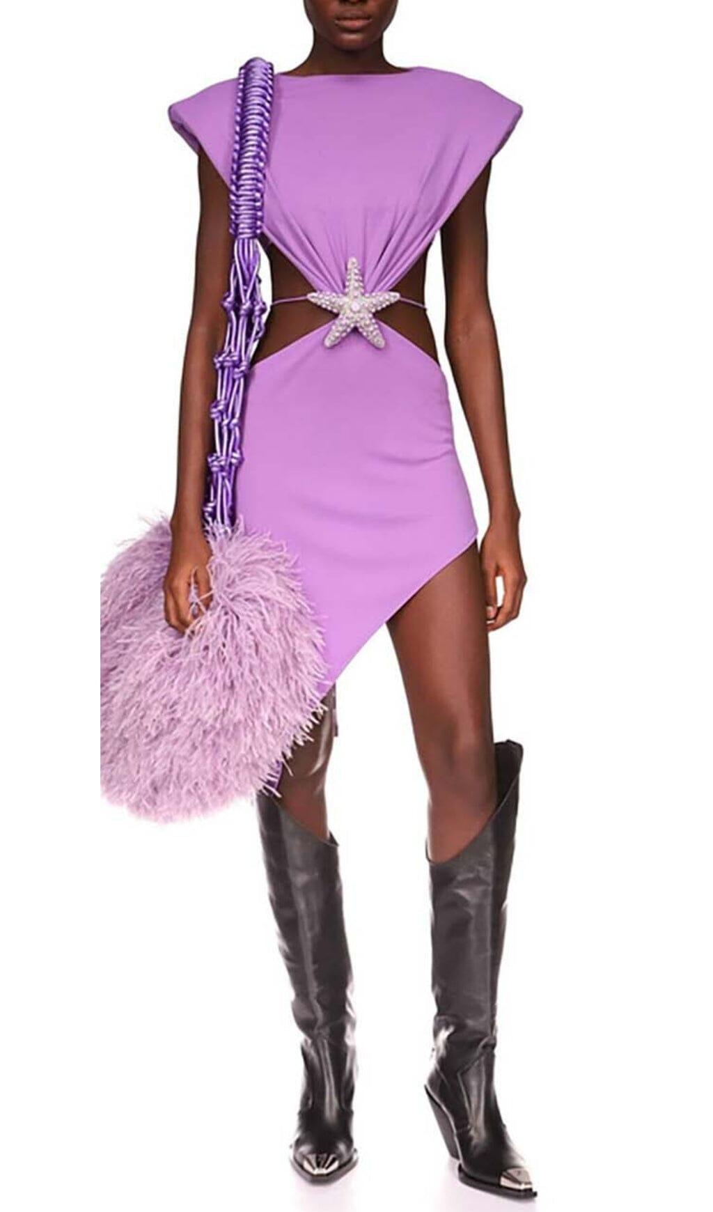 MIDIKLEID MIT VERZIERUNGEN AUS KRISTALL IN LAVENDEL