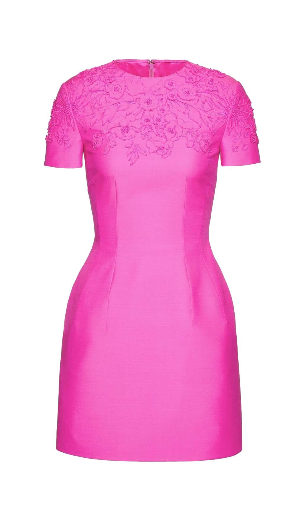 BESTICKTES, TAILLE ENGE BELASTENDES MINIKLEID IN PINK