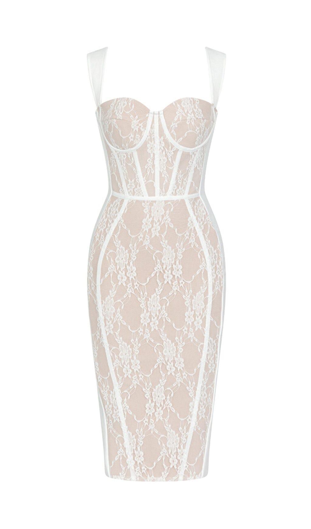 ABITO MIDI CON CORSETTO E DETTAGLIO FLOREALE IN BIANCO