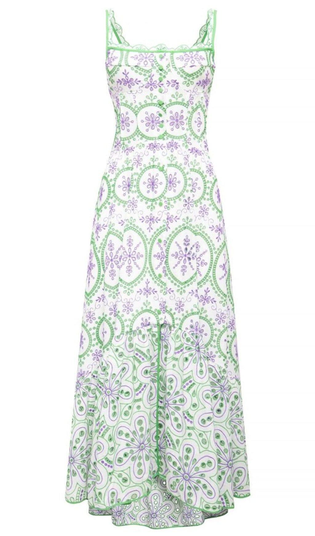 ABITO LUNGO RICAMATO CON OCCHIELLI FLOREALI E PETALI DI ROSA