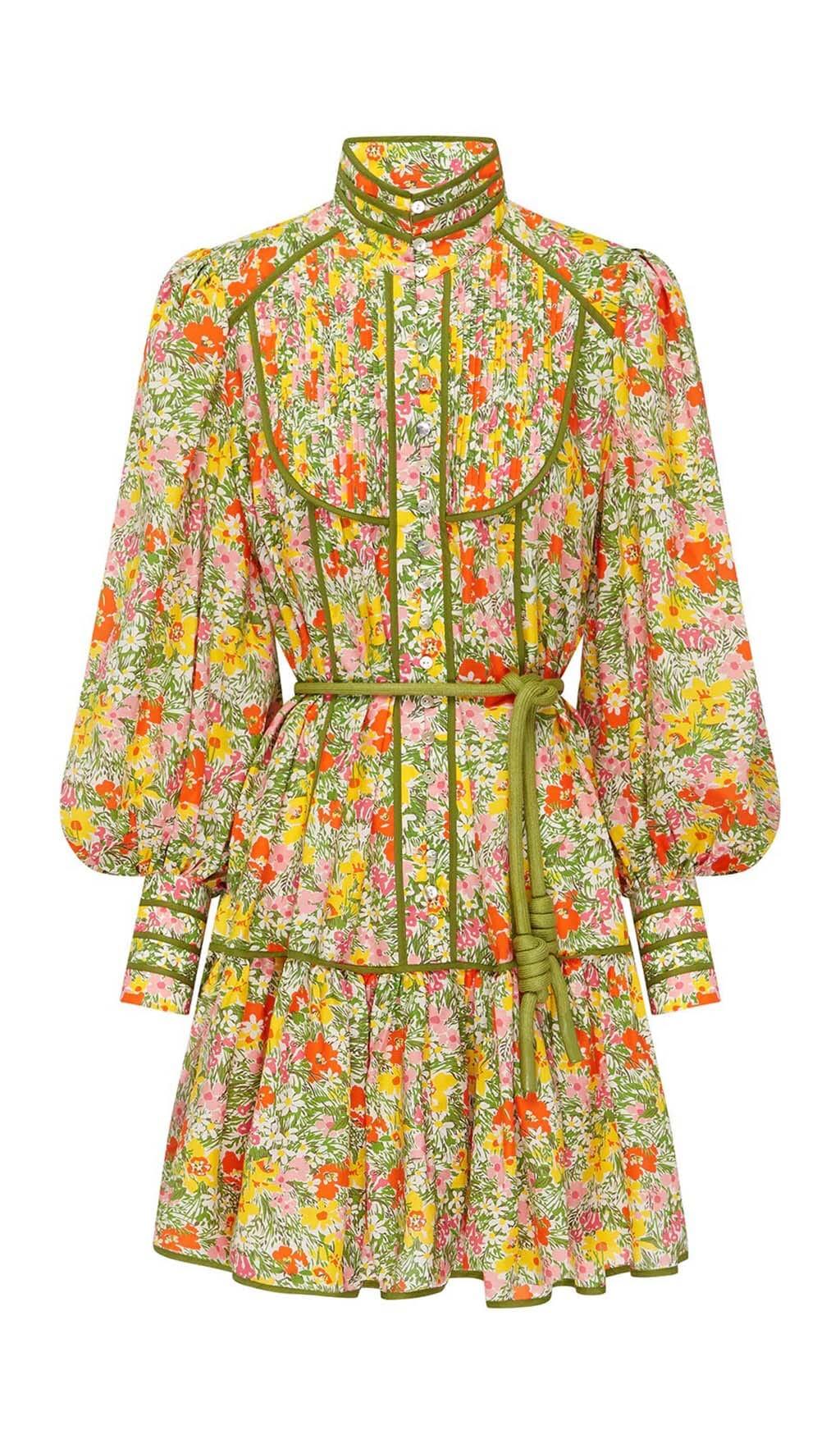 ABITO MIDI CON STAMPA FLOREALE E ALLACCIATURA IN FOGLIE AUTUNNALI