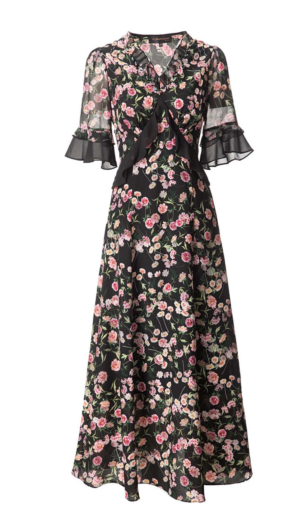 ABITO MIDI CON STAMPA FLOREALE E VOLANT MULTICOLORE